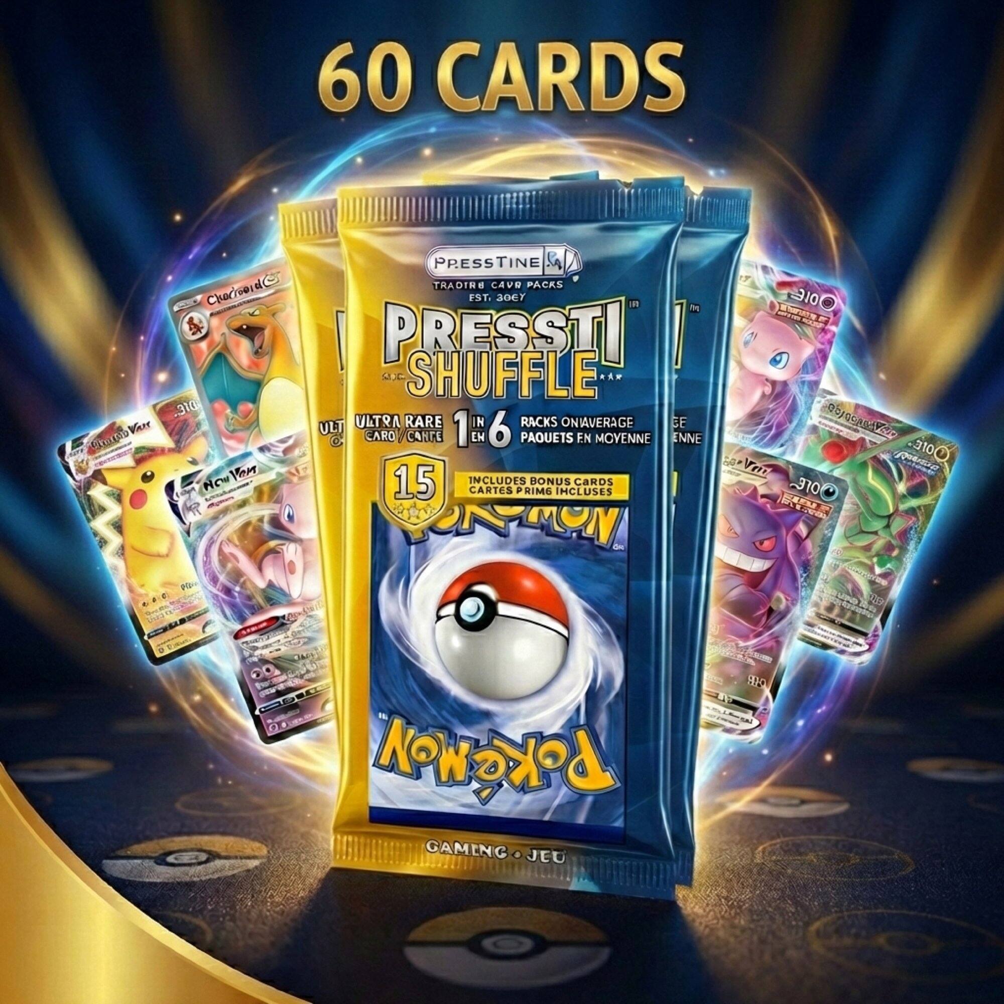 60 CARDS

Prestine Shuffle
Charizard 310
Now You

Prestine Shuffle
Ultra Rare
1 in 6
15
Includes Bonus Cards

Packs on average
16 in a pack

Includes Prime Cards

PokeMon Game