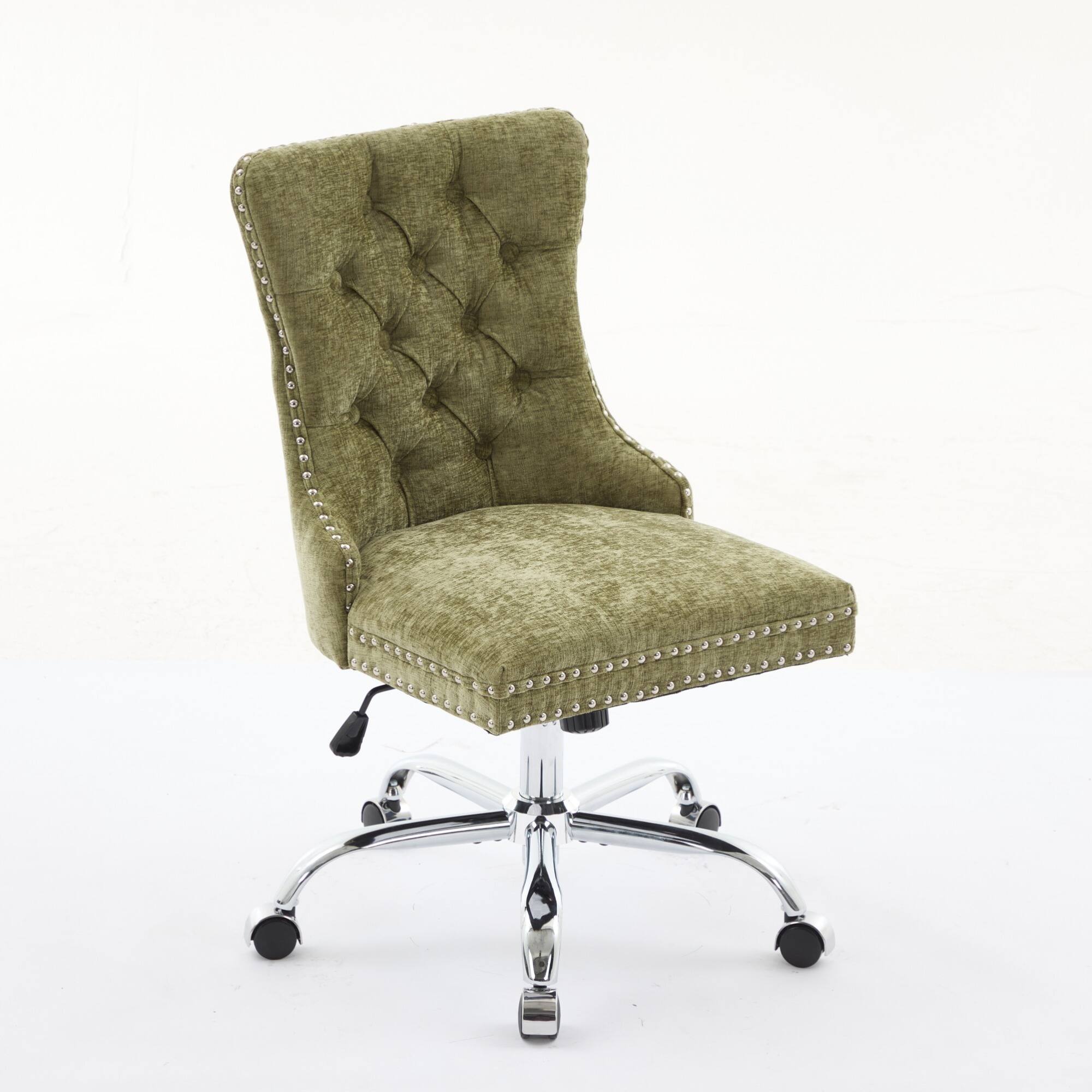 Back. GOODSILO - Modern Chenille Upholstered Office Chair with Tufted Button Design and Chrome Metal Base for Home Office Workspace - Green.
