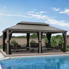 Front. PURPLE LEAF - 12' X 20' Light Gray Aluminum Power-Coated Frame Galvanized Steel Double Roof Hardtop Gazebo,Hooks Netting Curtain - 12' X 20'.