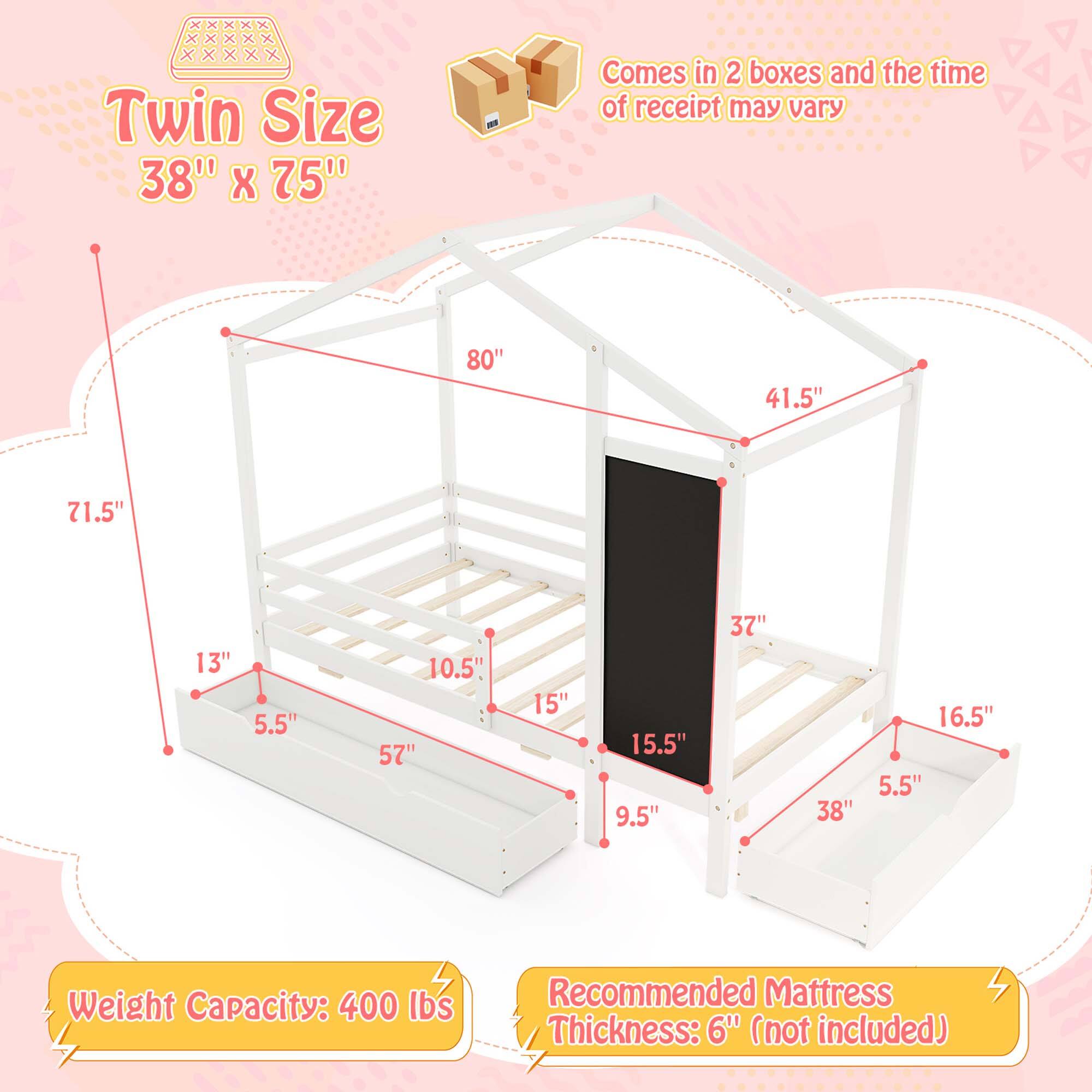 Twin Size 38" X 75" Comes in 2 boxes and the time of receipt may vary.

80" 41.5" 71.5" 13" 5.5" 10.5' 57" 15" 15.5" 9.5" 37" 38" 16.5" 5.5"

Weight Capacity: 400 lbs

Recommended Mattress Thickness: 6" (not included)