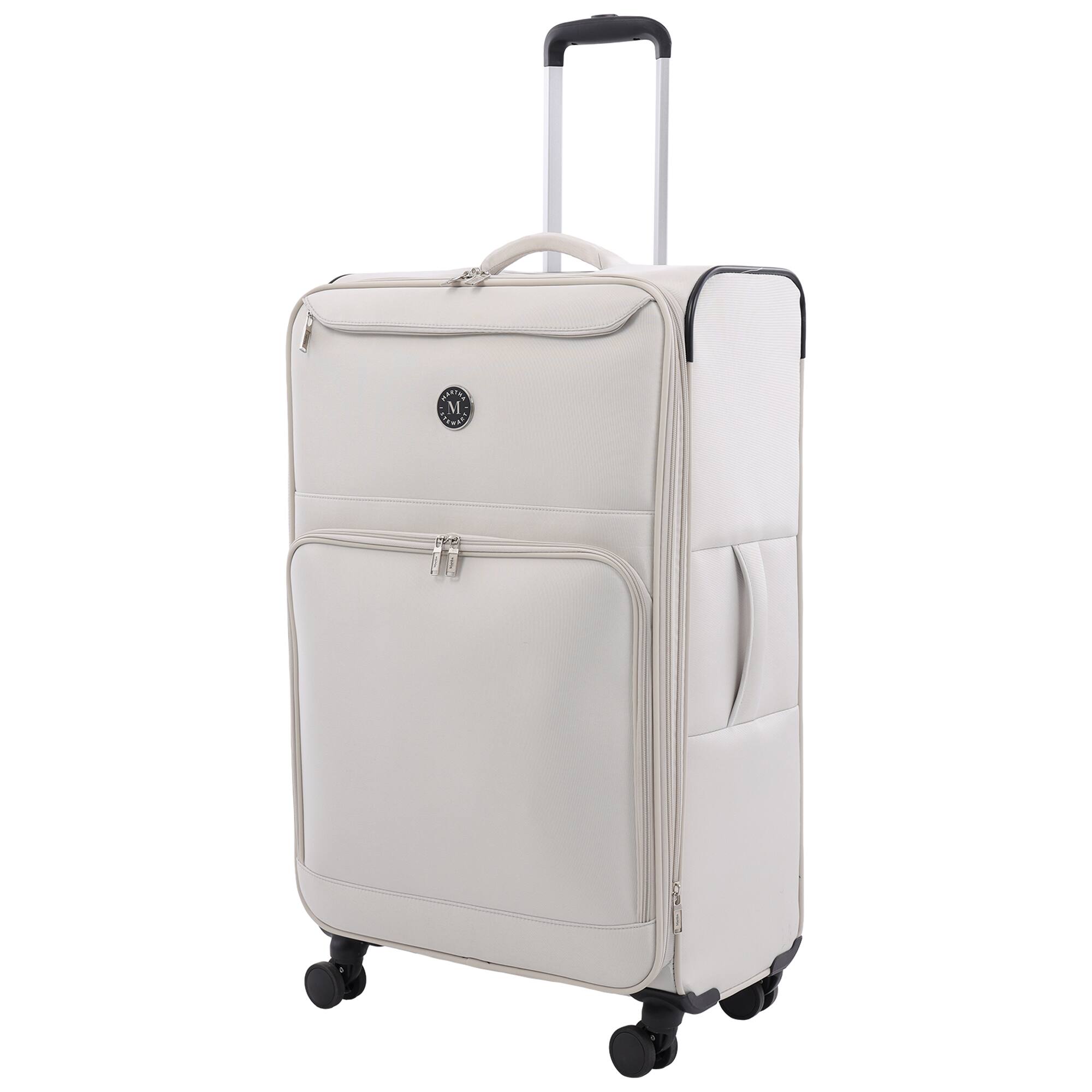 Angle. Martha Stewart - 31" Softside Luggage – Extra Large Expandable Spinner Suitcase with 8 Wheels & Front Pockets - LIGHT GREY.