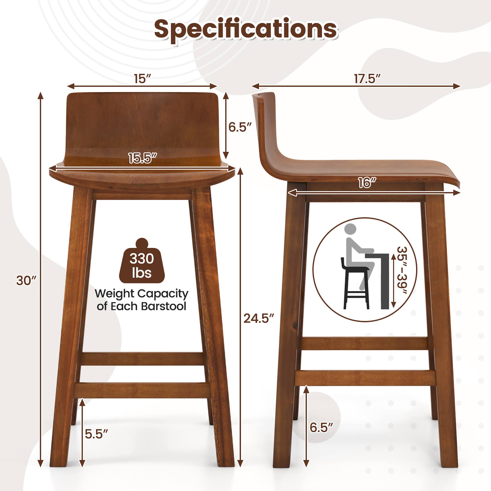 Specifications: 15", 17.5", 6.5", 15.5", 16", 30", 330 lbs Weight Capacity of Each Barstool, 24.5", 35"-39", 5.5", 6.5"