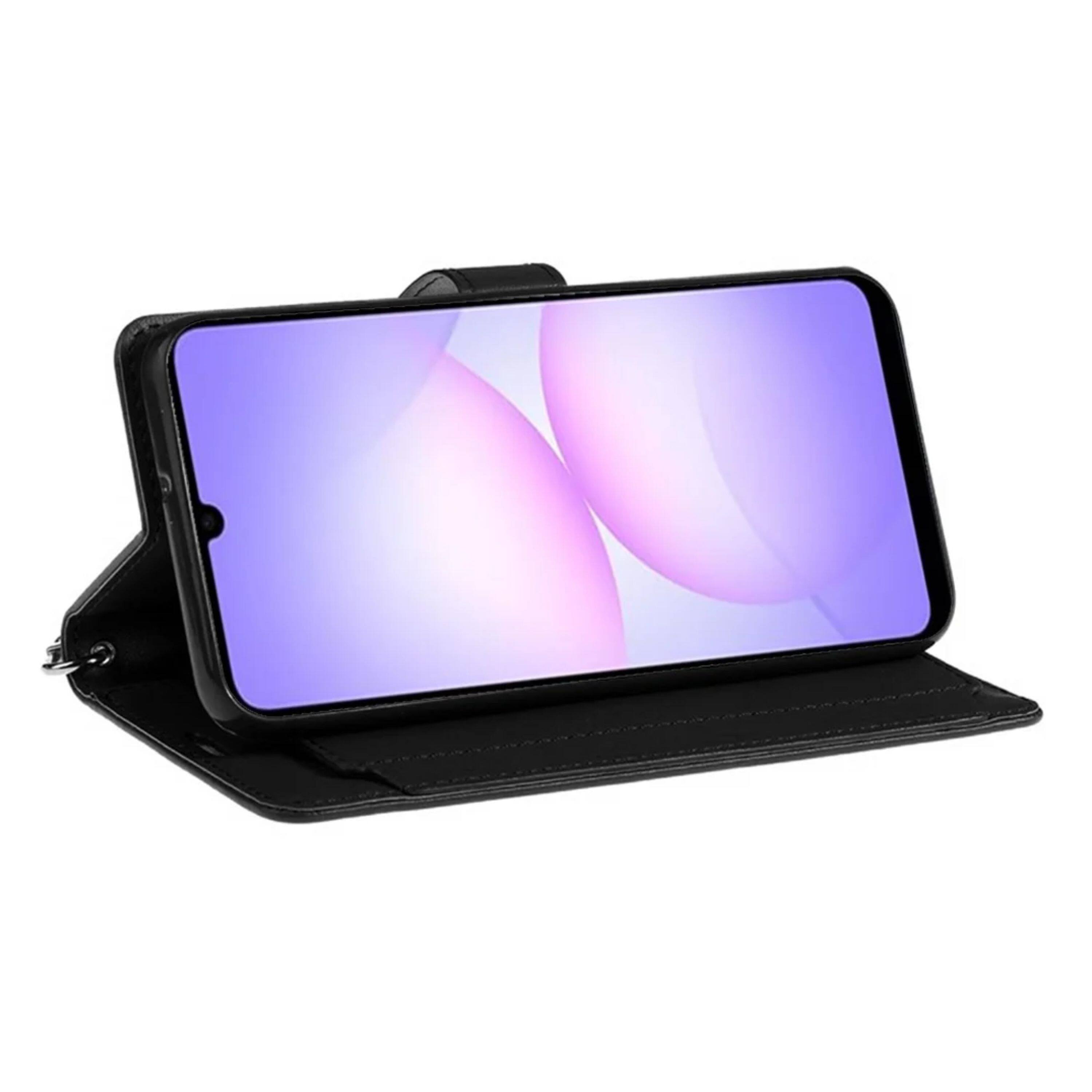 Left. Kitcheniva - PU Leather Phone Wallet Case With Wrist Strap Tempered Glass For Samsung Galaxy A07 Black - Black.