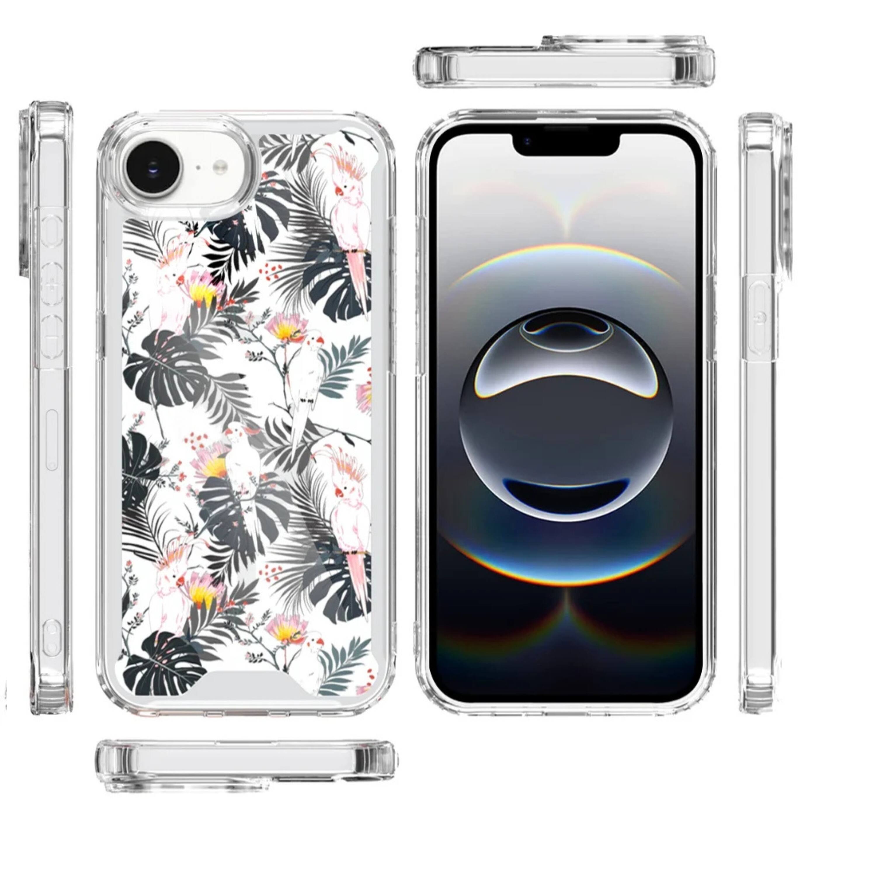 Angle. Kitcheniva - Cute Print Design Clear TPU Phone Case With Tempered Glass For iPhone 16e 17e Flamingo - Flamingo.