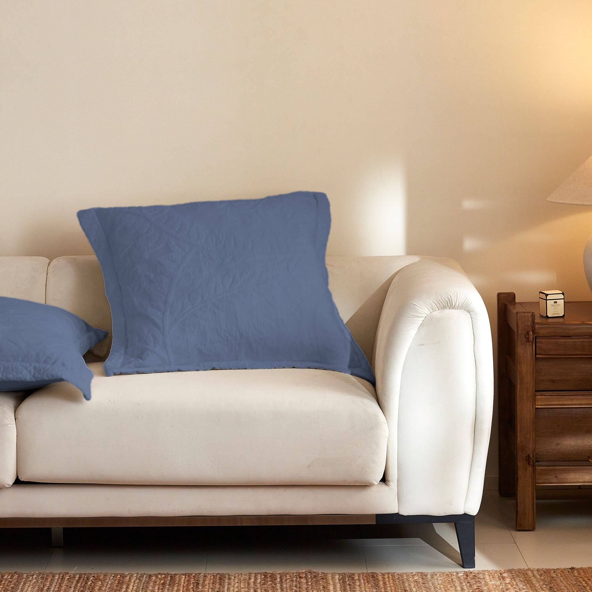 Back. MarCielo - 100% Cotton Embroidered Quilted Pillow Shams Set of 2, 26"x26" Euro Size - Navy.