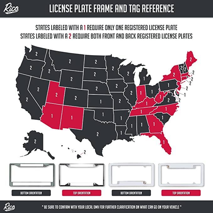 **Rico License Plate Frame and Tag Reference**

**States Labeled with a 1 Require Only One Registered License Plate**  
**States Labeled with a 2 Require Both Front and Back Registered License Plates**

- **Bottom Orientation**
- **Top Orientation**

*Be sure to confirm with your local DMV for further clarification on what can go on your vehicle.*

**Bottom Orientation**  
**Top Orientation**  
**Bottom Orientation**  
**Top Orientation**