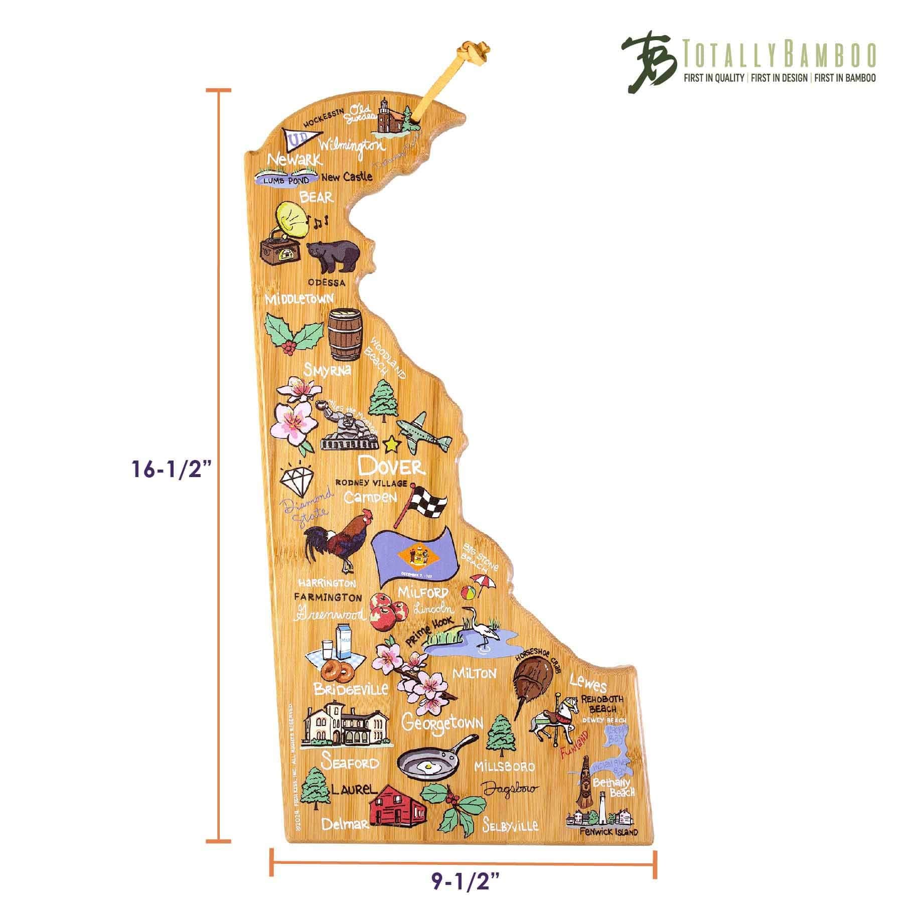 Sure, here is the corrected and grouped text:

**Top Left:**
- HOCKESSIN
- Newark
- Wilmington
- LUMS POND
- New Castle
- BEAR

**Top Right:**
- ODESSA
- MIDDLETOWN
- SMYRNA
- DOVER
- ROONEY VILLAGE
- DIAMOND
- CAMPEN
- SLATE
- HARKINGTON
- FARMINGTON
- MILFORD
- GRUENWOOD
- LINCOLN
- PRIME
- MILTON
- BRIDGEVILLE
- LEWES
- REHOBOTH BEACH
- ON DEWEY
- GEORGETOWN
- SEAFOORD
- FANNETT MILLSBORO
- BETHANY
- LAUREL
- DELMAR
- SELBYVILLE
- ISLAND

**Bottom Right:**
- 16-1/2"
- 9-1/2"

**Top Right (Logo):**
- TOTALLY BAMBOO
- FIRST IN QUALITY
- FIRST IN DESIGN
- FIRST IN BAMBOO