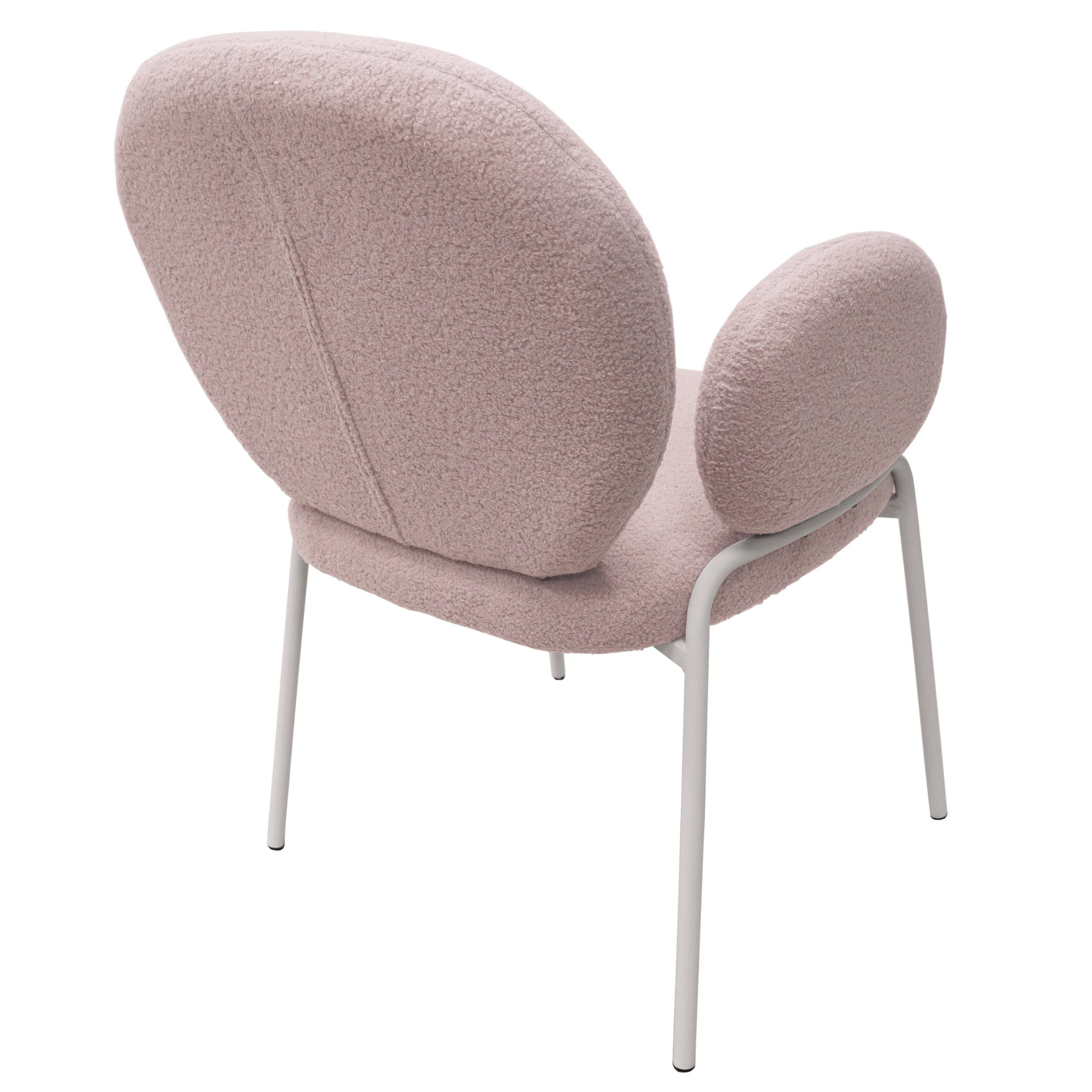 Back. LeisureMod - Celestial 2-PCS White Frame Boucle Armchair, Modern Cushioned Fabric Desk Vanity Dining Chair with Arms, Metal Legs - Grey.