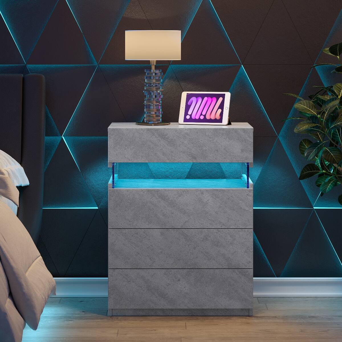 Angle. Loheer - Loheer Grey LED Nightstand, Bedside Table with 4 Drawers, Modern Bedroom Cabinet - Grey.