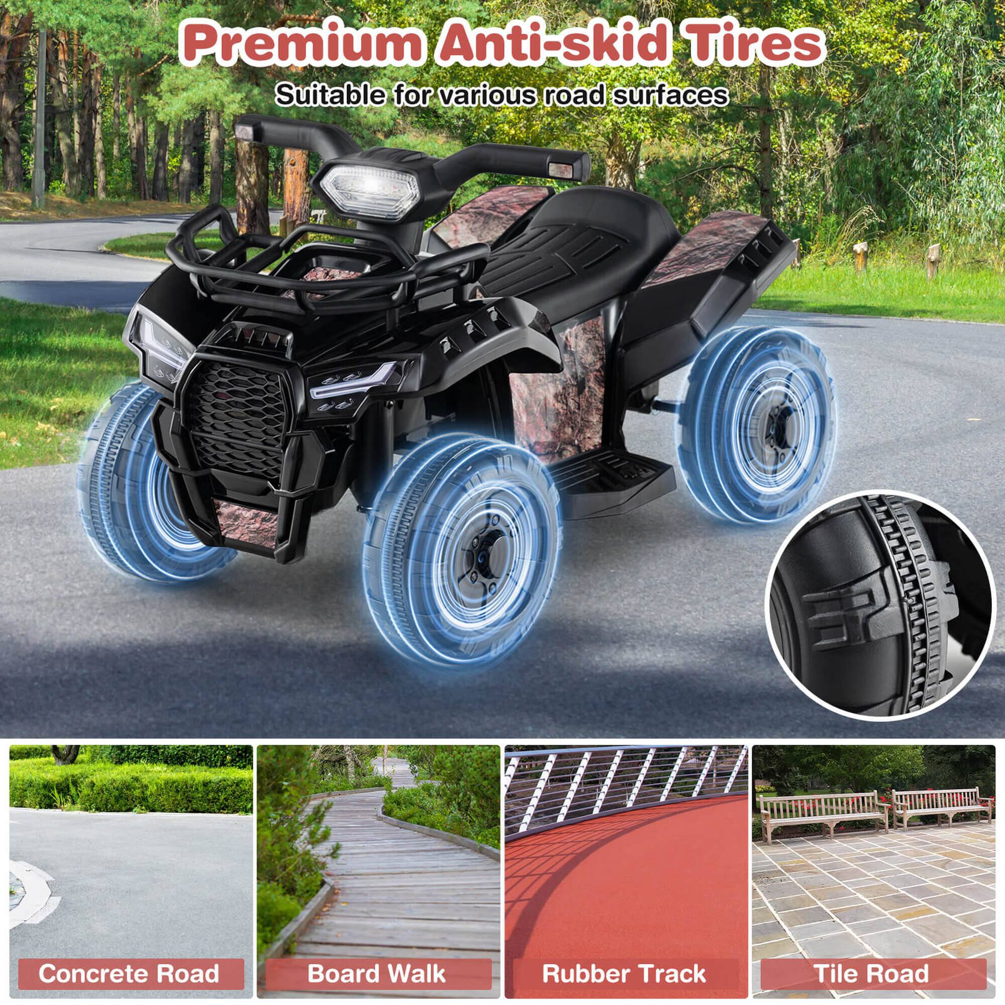 Premium Anti-skid Tires  
Suitable for various road surfaces  

Concrete Road  
Board Walk  
Rubber Track  
Tile Road