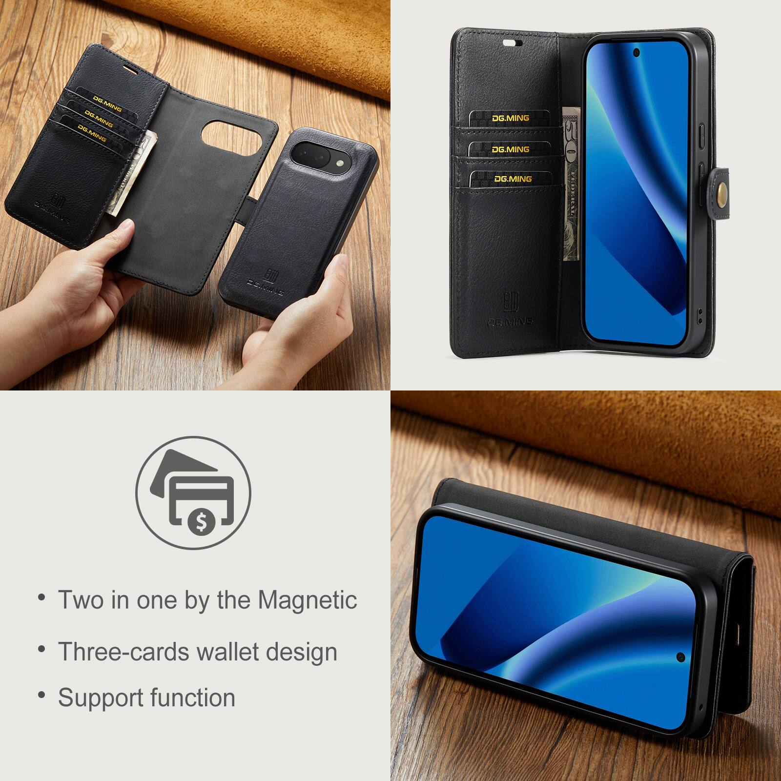 - Two in one by the Magnetic
- Three-cards wallet design
- Support function