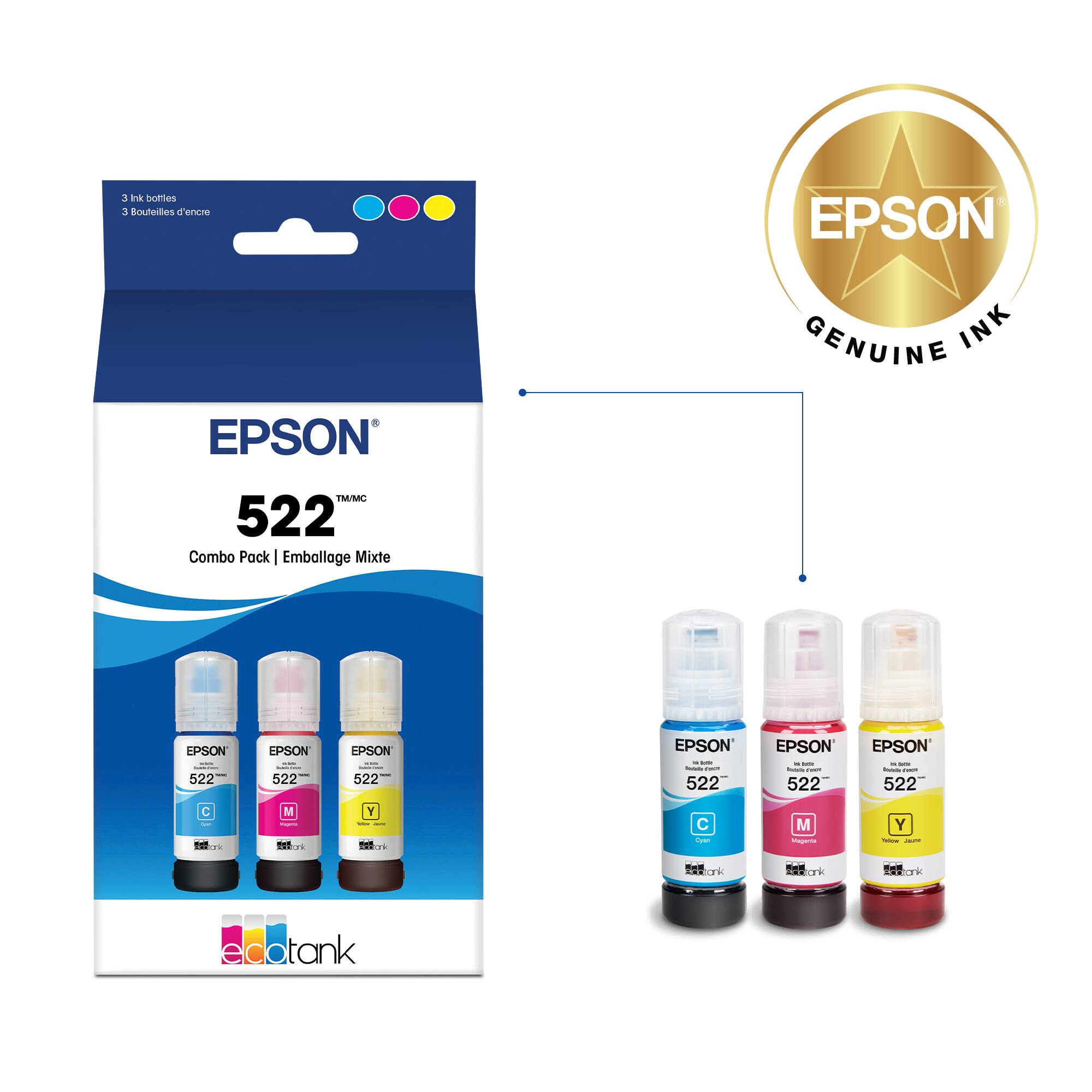 A pack of 3 Epson ink cartridges, including 522 Combo Pack Emballoge Mixte Genuine Ink EPSON.