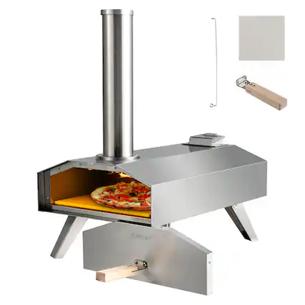 Front. Costway - Wood Pellet Pizza Oven Pizza Maker Portable Outdoor Pizza Stone w/ Foldable Leg - Silver.