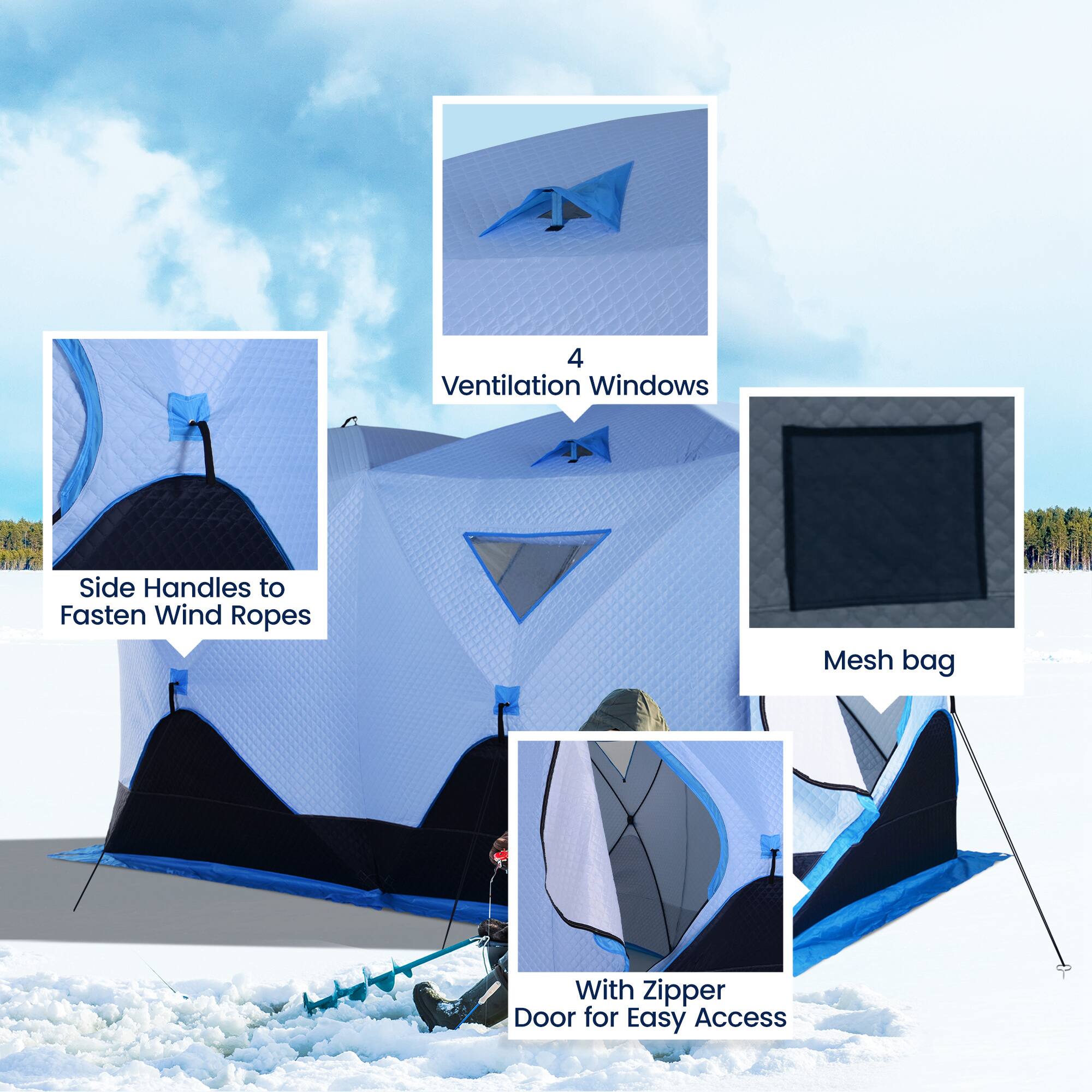 4 Ventilation Windows  
Side Handles to Fasten Wind Ropes  
Mesh Bag  
With Zipper Door for Easy Access