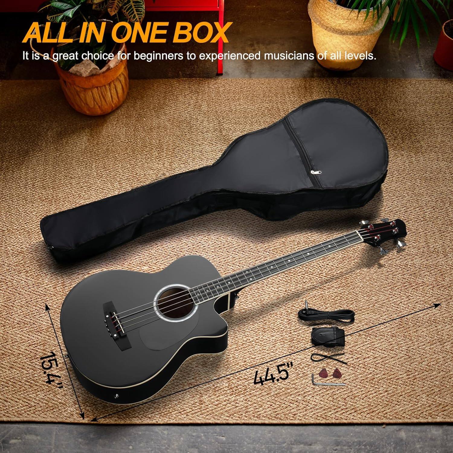 ALL IN ONE BOX  
It is a great choice for beginners to experienced musicians of all levels.  

15.4"  
44.5"