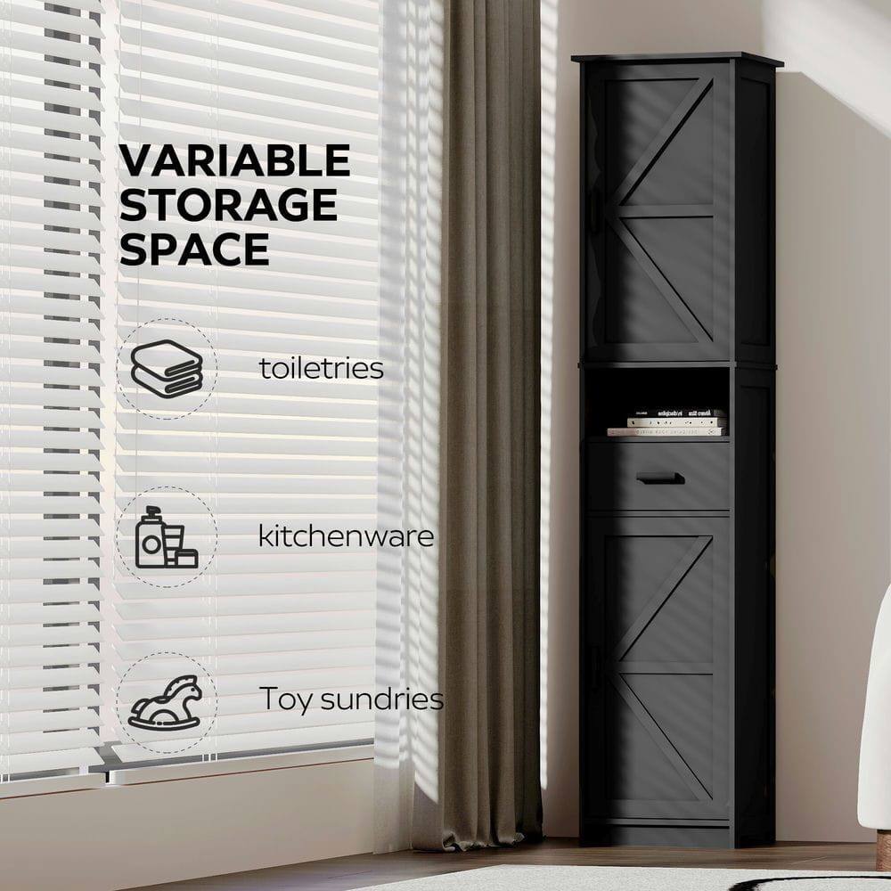Alt View 4. Kadyn - 69" H Tall Bathroom Storage Cabinet with 2 Barn Doors and 1 Drawer, Narrow Storage Unit, Adjustable Shelves, Black - Black.
