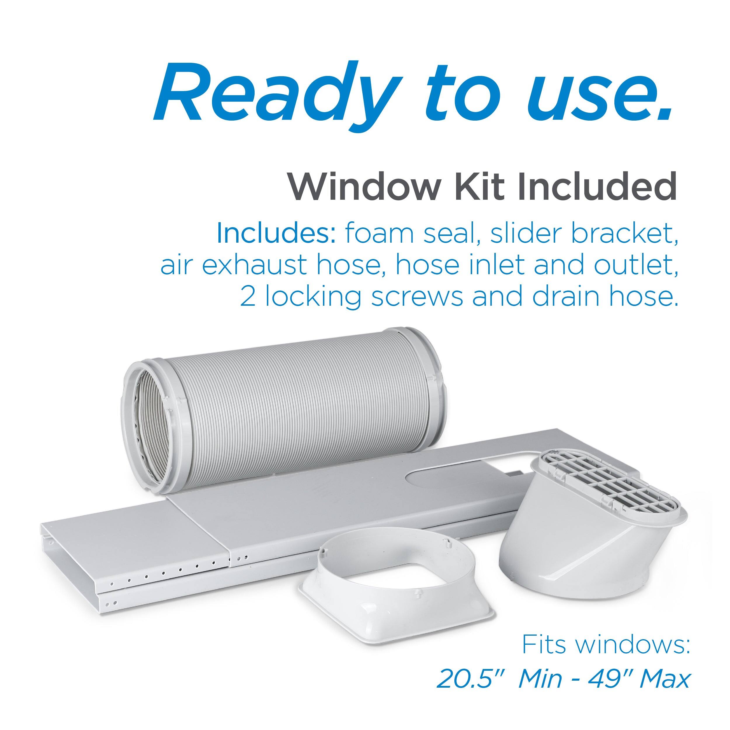 Ready to use.  
Window Kit Included  
Includes: foam seal, slider bracket, air exhaust hose, hose inlet and outlet, 2 locking screws and drain hose.  
Fits windows: 20.5" Min - 49" Max