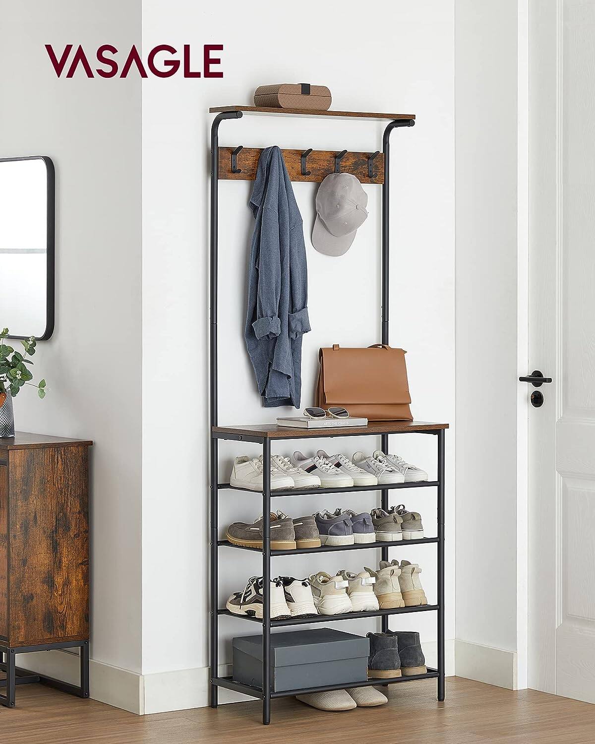 Angle. Songmics Home - Coat and Shoe Rack – 5 Double Hooks 5-Tier Shoe Storage Vintage Brown and Black - Brown.