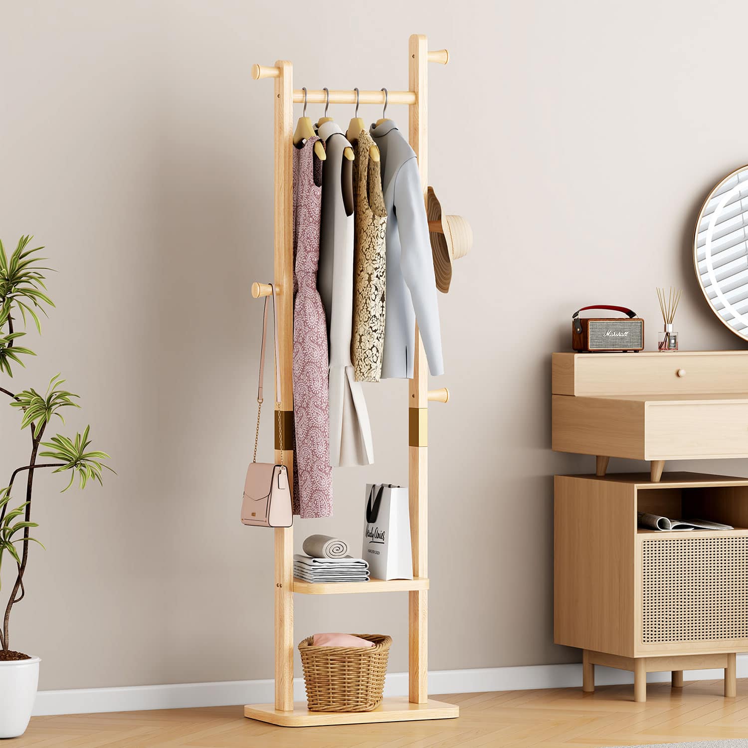 Z-Edge - Solid Wood Coat Rack, Freestanding Clothing Rack with 2 Shelves Storage & 5 Hooks, Clothes Rack Stand for Hall, Bedroom - Natural
