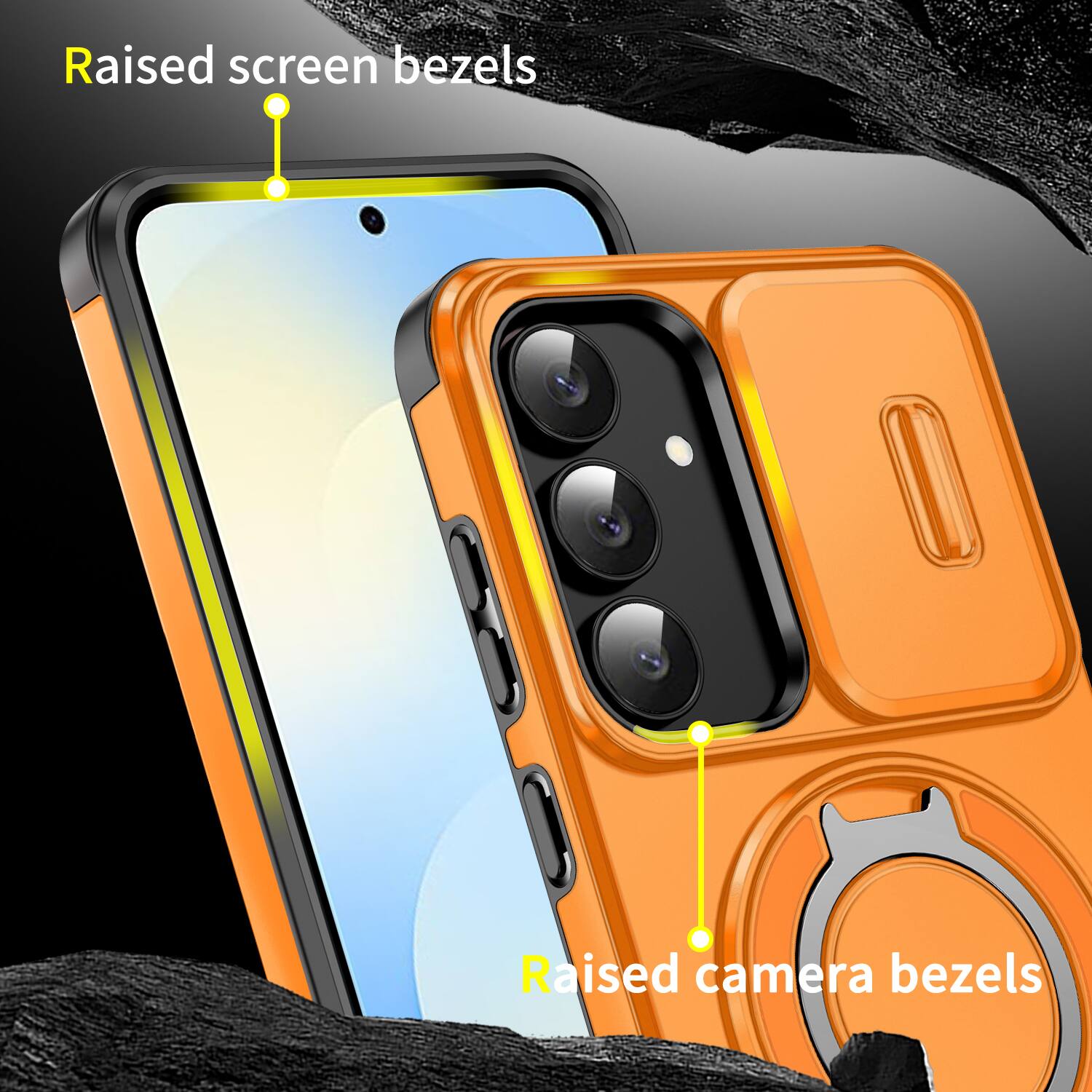 Raised screen bezels  
Raised camera bezels