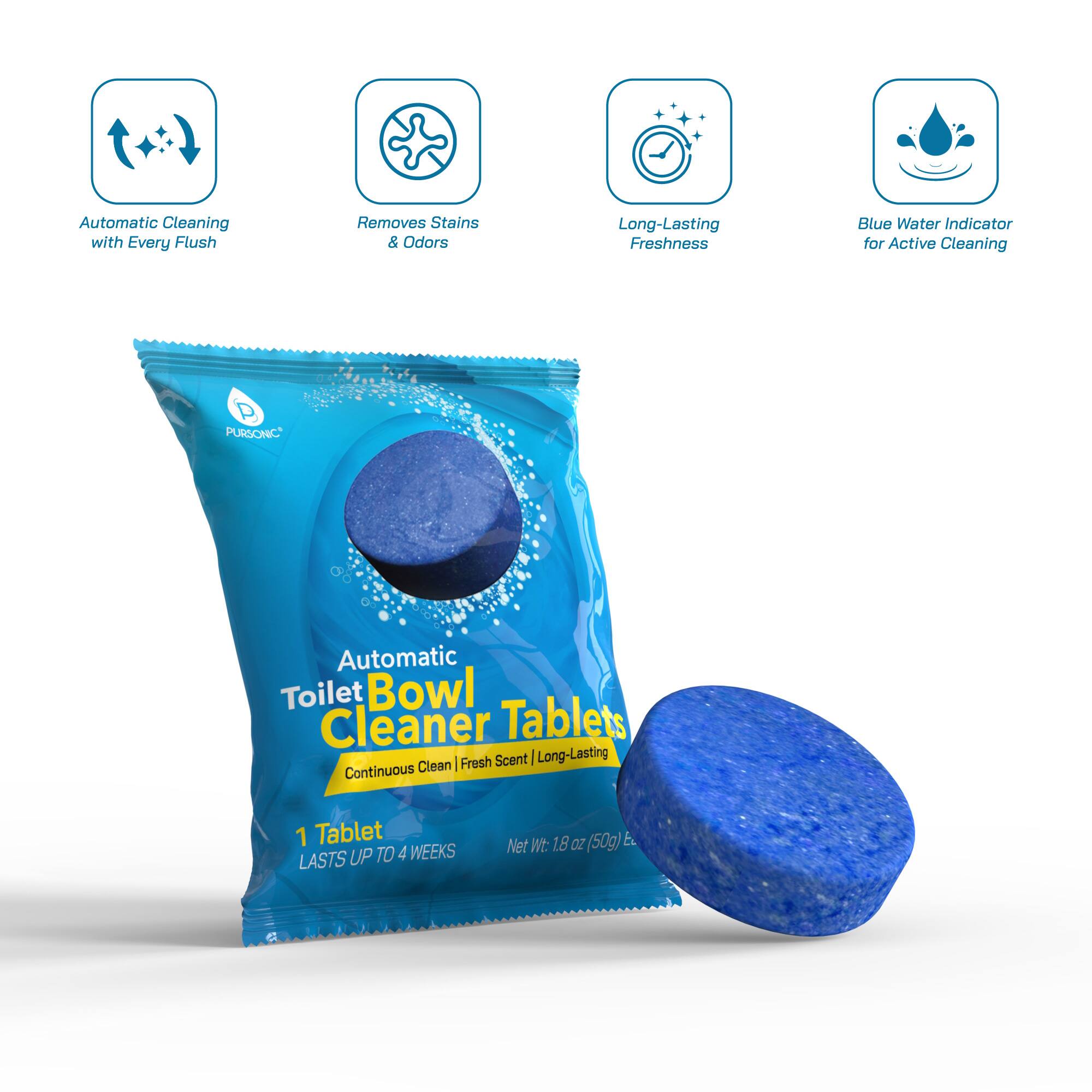 Automatic Cleaning with Every Flush  
Removes Stains & Odors  
Long-Lasting Freshness  
Blue Water Indicator for Active Cleaning  

PURSONIC Automatic Toilet Bowl Cleaner Tablets | Fresh Scent | Long-Lasting Continuous Clean  
1 Tablet LASTS UP TO 4 WEEKS  
Net Wt. 18 OZ (50g)