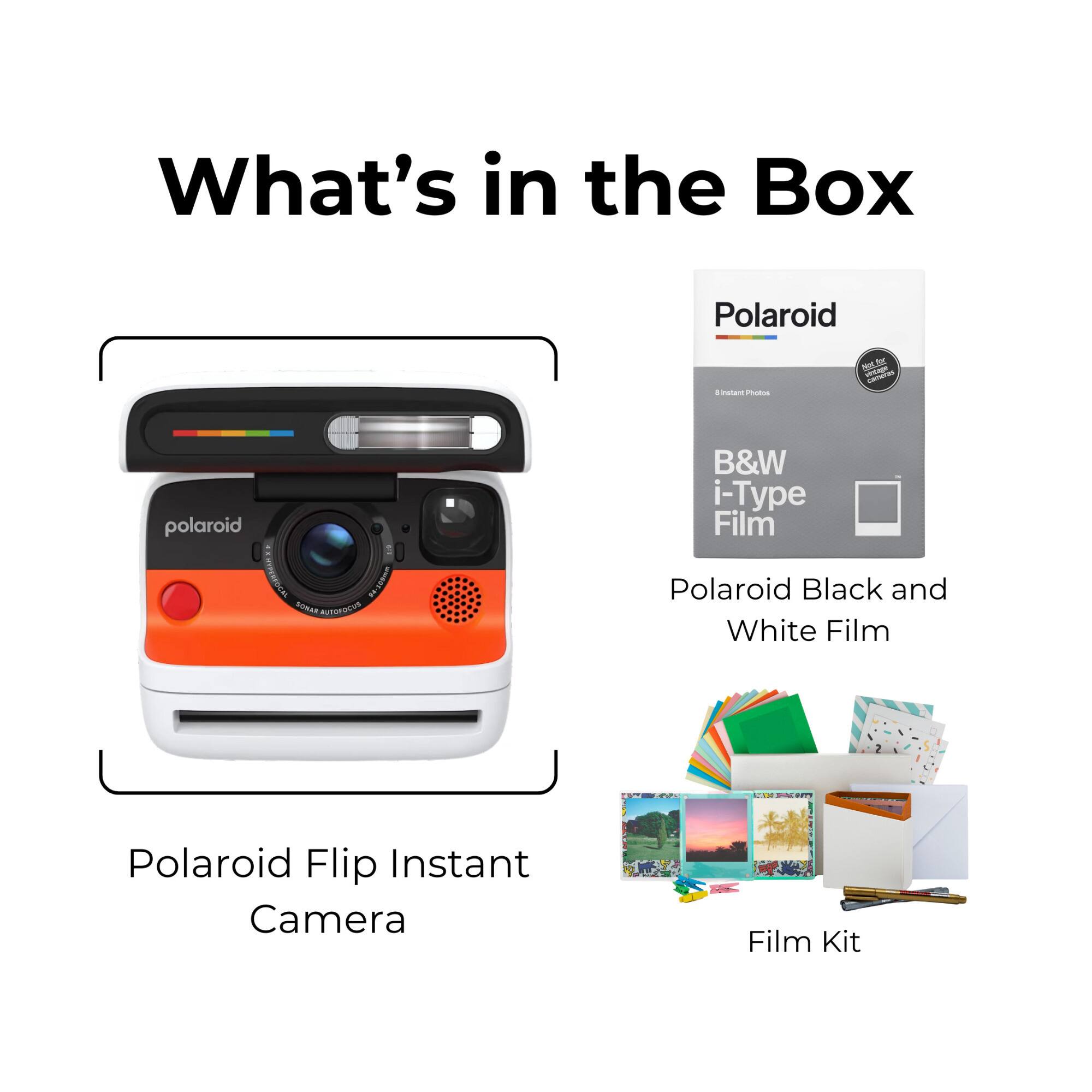 What's in the Box

- Polaroid Flip Instant Camera
- Polaroid Black and White Film
- Film Kit