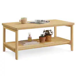 Songmics Home - 2-Tier Coffee Table for Living Room, Living Room Table Rectangular Center Table, with PVC Rattan Storage Shelf - Oak Beige