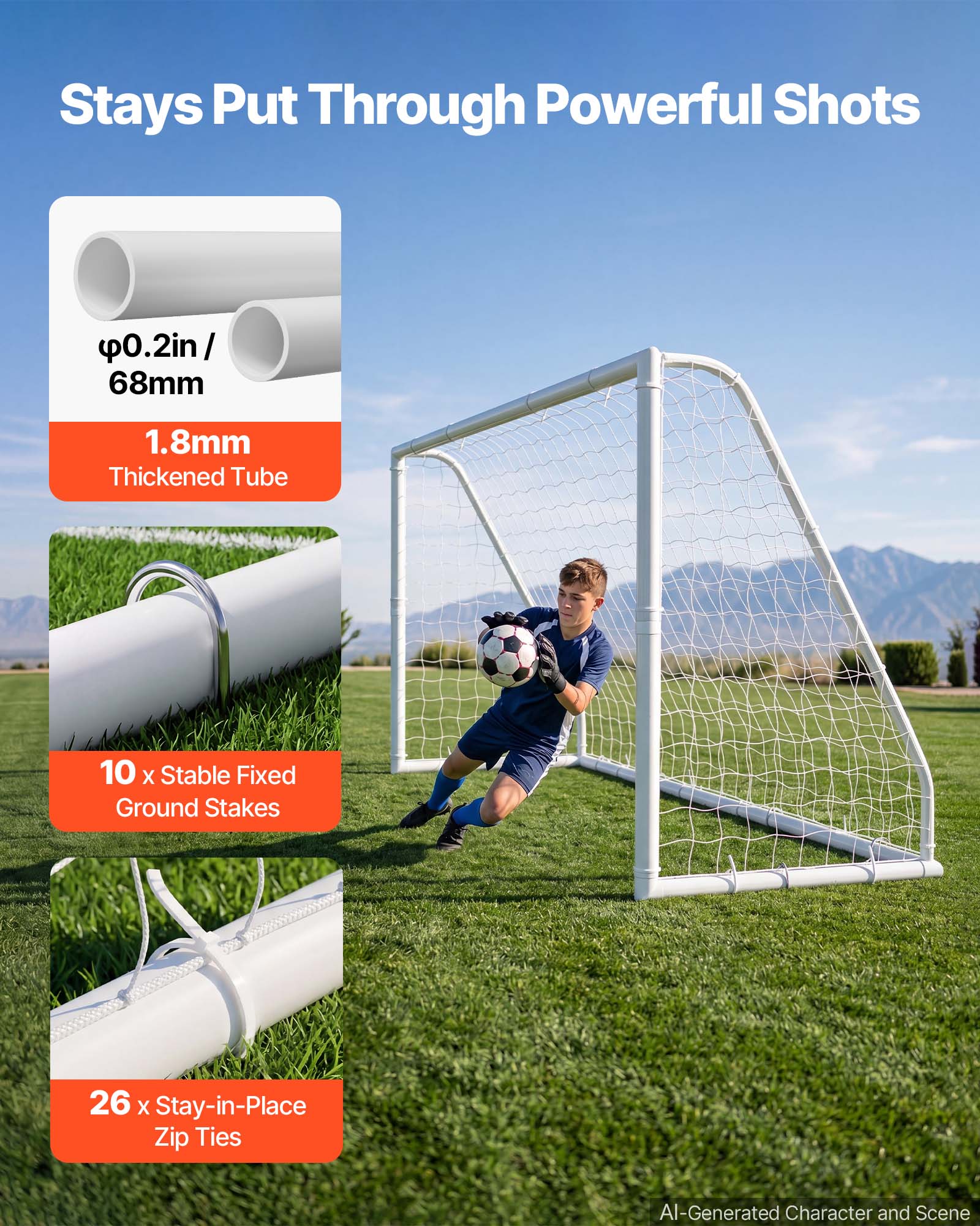 Stays Put Through Powerful Shots

- Ø0.2in / 68mm
- 1.8mm Thickened Tube
- 10 x Stable Fixed Ground Stakes
- 26 x Stay-in-Place Zip Ties

AI-Generated Character and Scene