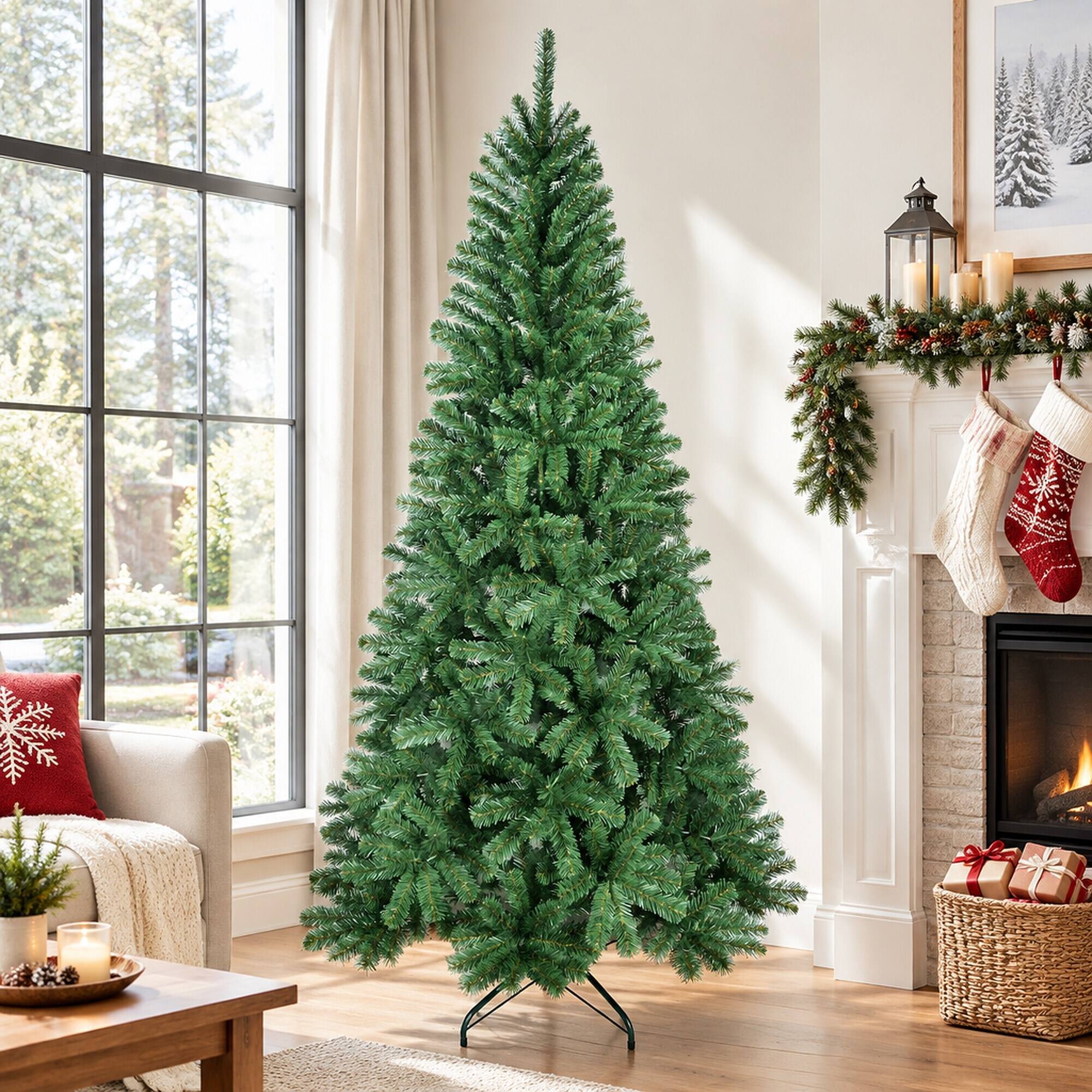 Back. RYHNUYNE - 8 Ft Full Green Artificial Christmas Tree With 1136 PVC Tips,Hinged Structure Metal Stand Easy Setup Holiday Decor - Green.
