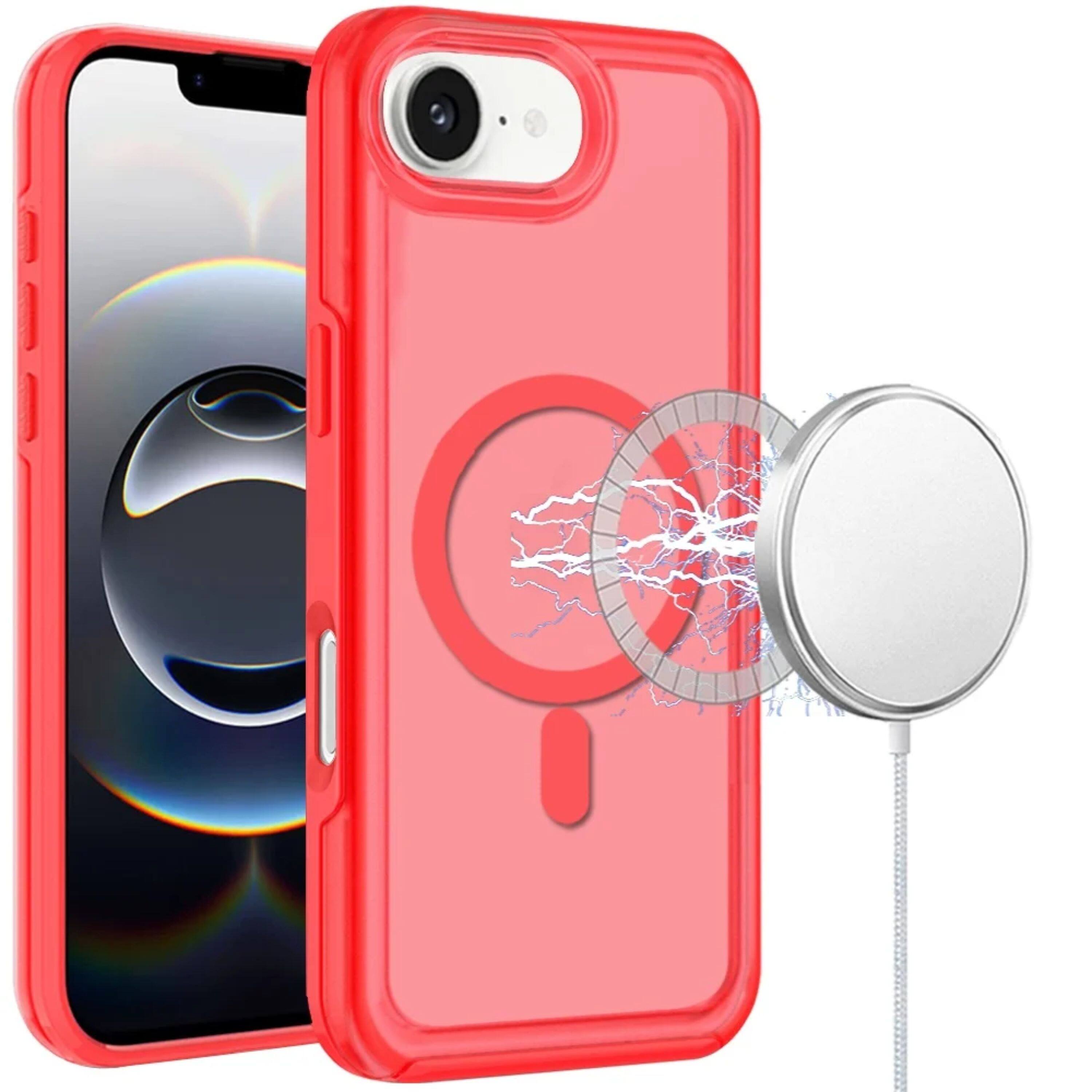 Front. Kitcheniva - Magnetic Circle Sleek Hybrid Phone Cover Plus Tempered Glass For iPhone 16e/17e Red - Red.