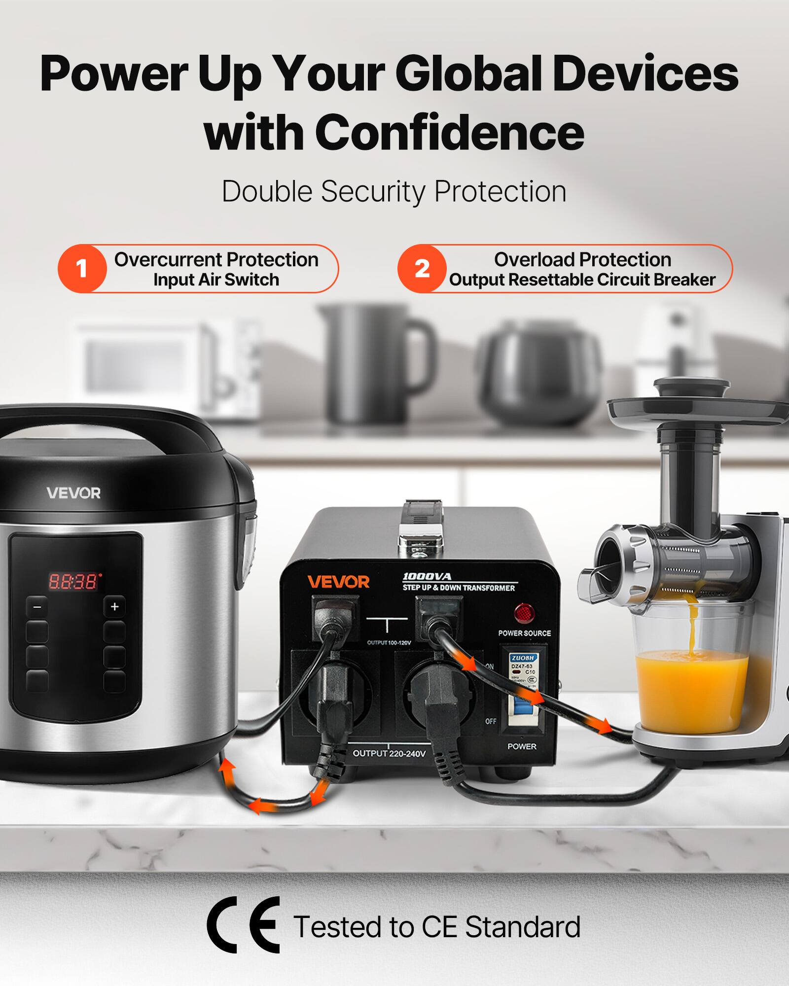 Power Up Your Global Devices with Confidence  
Double Security Protection

1. Overcurrent Protection  
   Input Air Switch

2. Overload Protection  
   Output Resettable Circuit Breaker

VEVOR  
1000VA VEVOR STEP UP & DOWN TRANSFORMER  
OUTPUT1: 100-120V  
POWER SOURCE  
ON  
OUTPUT2: 220-240V  
POWER  
CE Tested to CE Standard