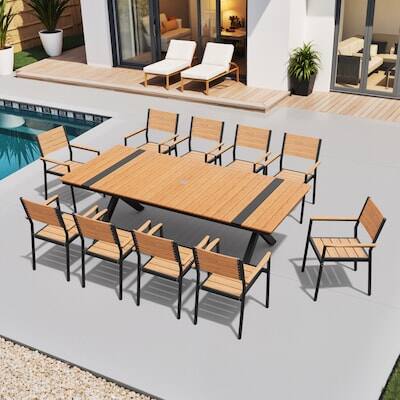 Front. Crestlive Products - Crestlive Products 11/13pc Water Proof Patio Dining Set Aluminum Frame X-Leg Table Stackable Stationary Arm Chairs - Brown-11PC.