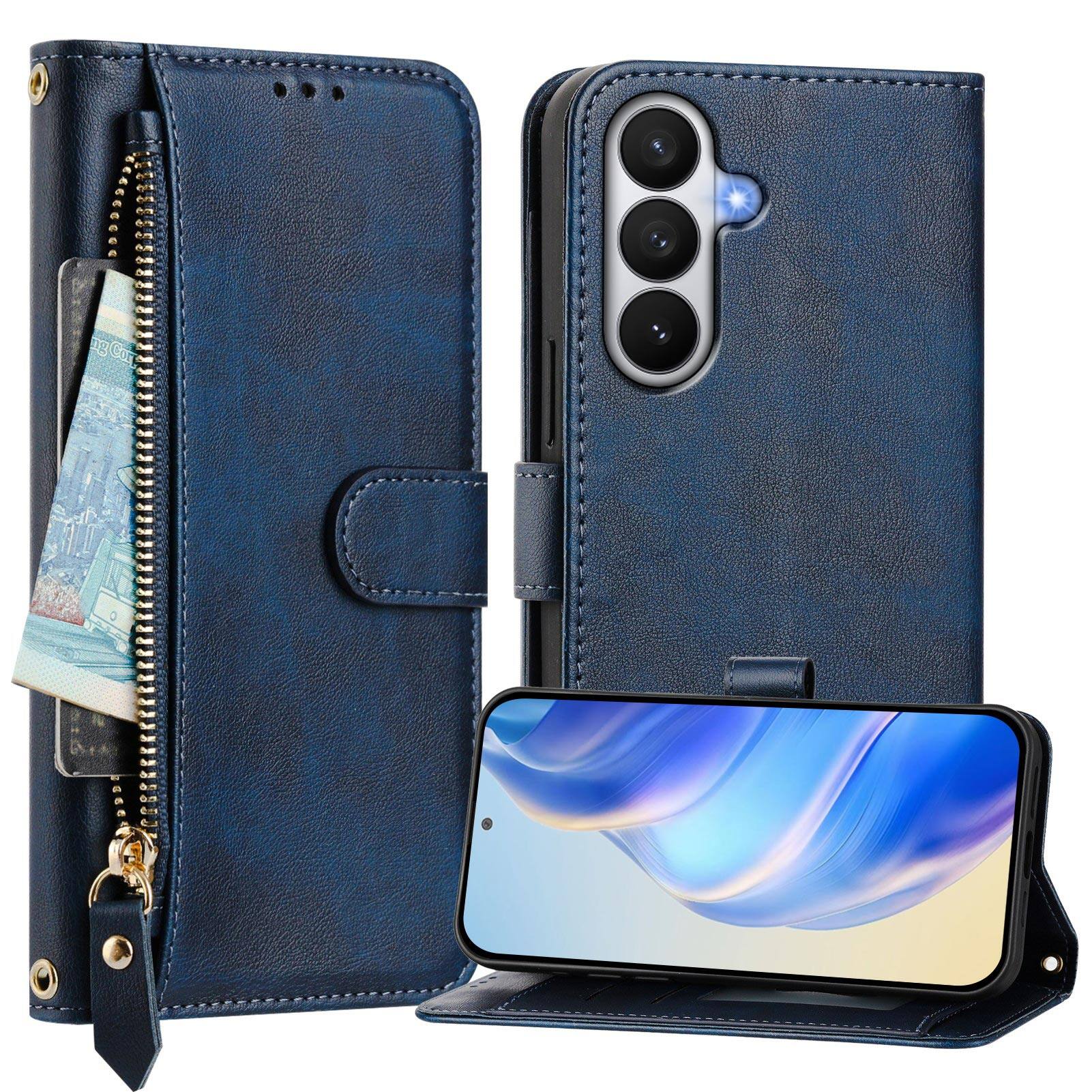 Angle. UUCOVER - Zipper Wallet Case for Samsung Galaxy S26 Magnetic PU Leather Card Slots Stand Cover with Shoulder / Wrist Strap - Blue.