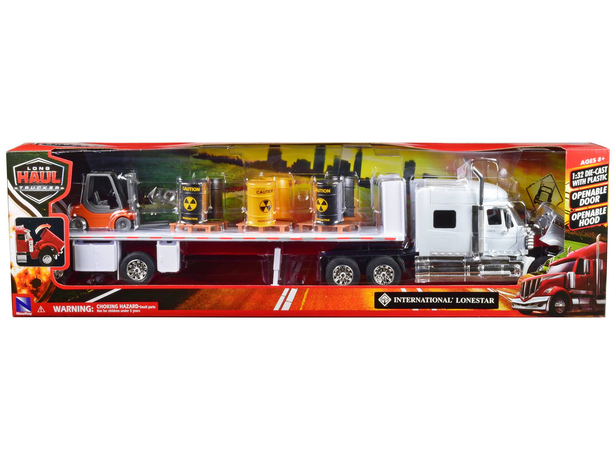 LONG HAUL TRUCKER CAUTION - GAUTKCR N NUTION F AGES 8+ 1:32 DIE-CAST WITH PLASTIC OPENABLE DOOR OPENABLE HOOD Hamday CHOKING HAZARD-See - parts WARNING: - T chilairem under I pan INTERNATIONAL LONESTAR