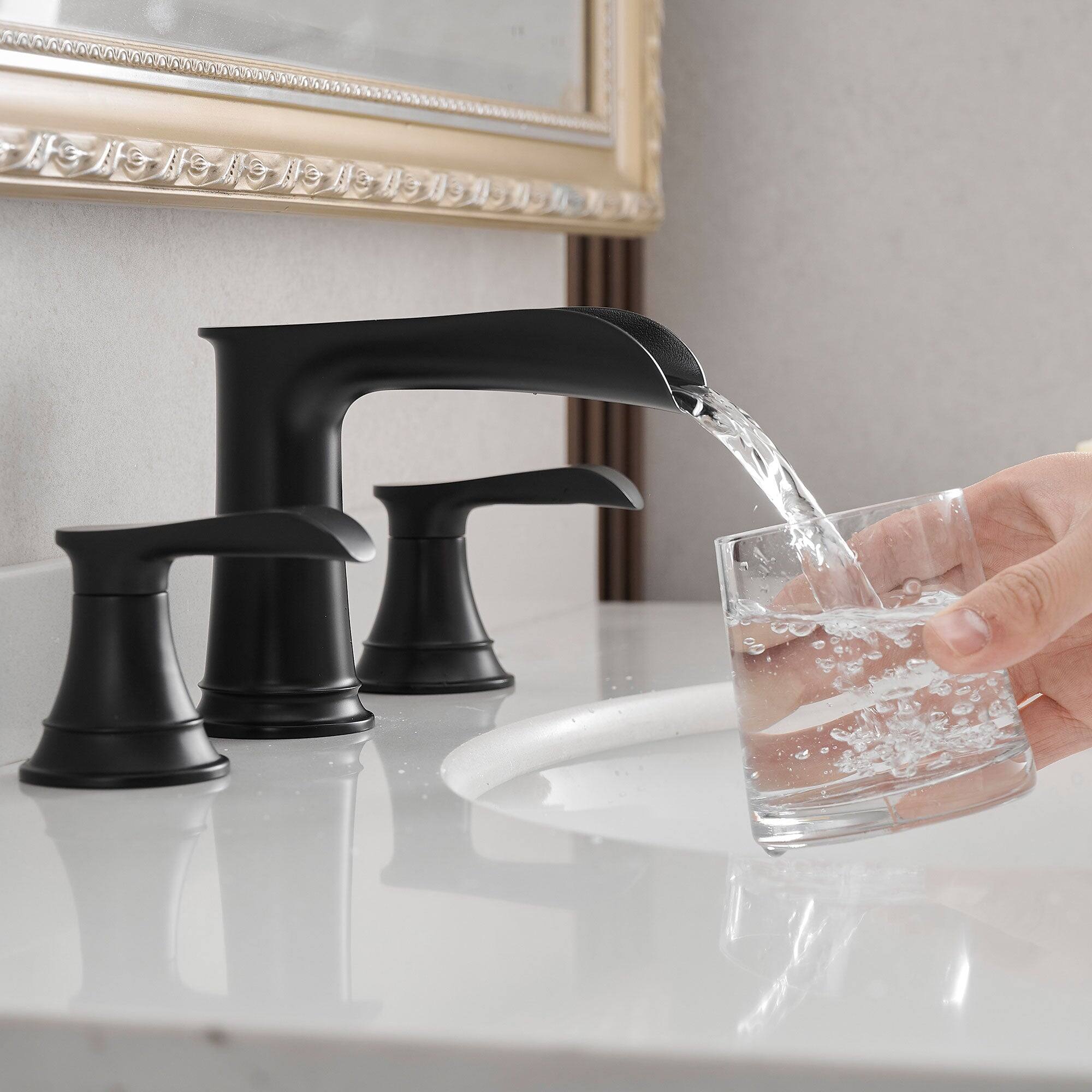 Alt View 4. Boyel Living - Waterfall 8 Inch Widespread Double Handle Brass Bathroom Faucet with Pop Up Drain and Water Supply Hoses in Matte Black - Matte Black.