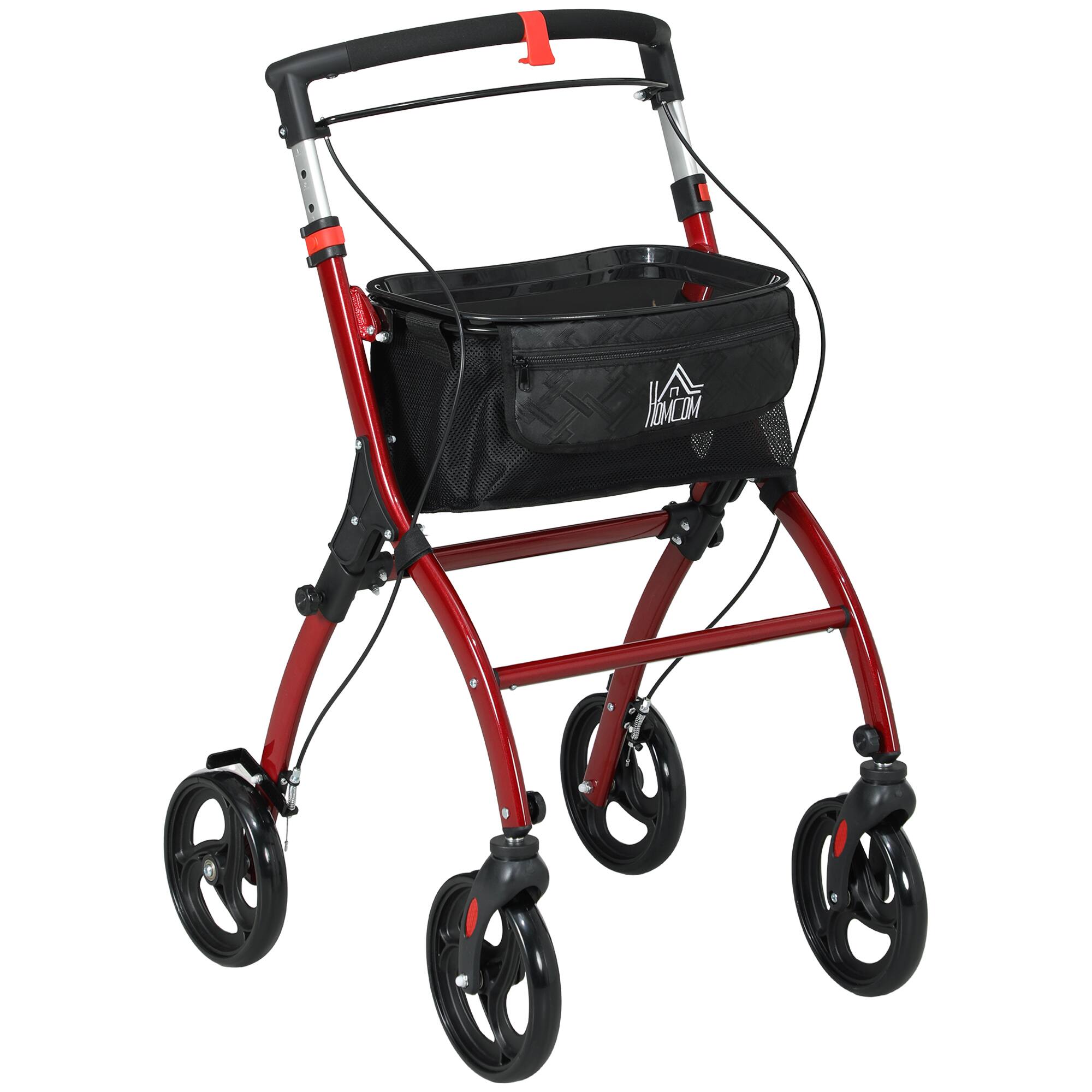 Front. Homcom - Upright Walker for Seniors for Tall Men, Rollator Walker Stand Up Walking Aid with Storage Bag, Tray, Dual Brakes - Red.