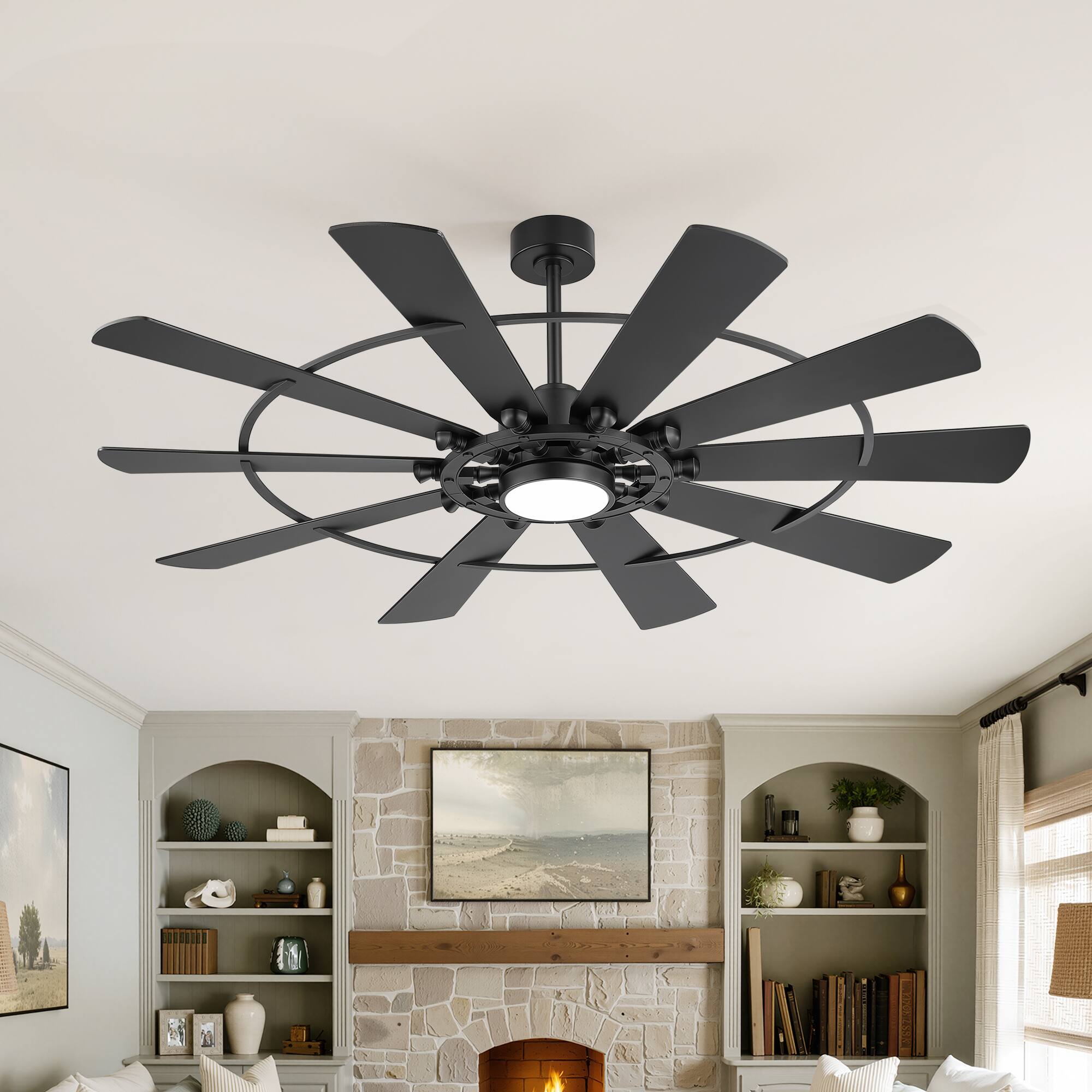Breezary - 62-Inch LED Ceiling Fan with Remote, 10 Blades, 3-Color Dimmable Light, Acrylic Shade, Dual Downrods - Black