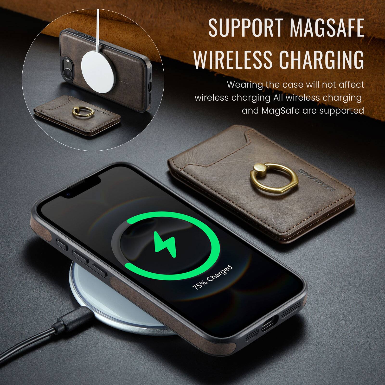 I SUPPORT MAGSAFE WIRELESS CHARGING  
Wearing the case will not affect wireless charging  
All wireless charging and MagSafe are supported  

05 4 Charged 75% 003 ONDEVIN 22