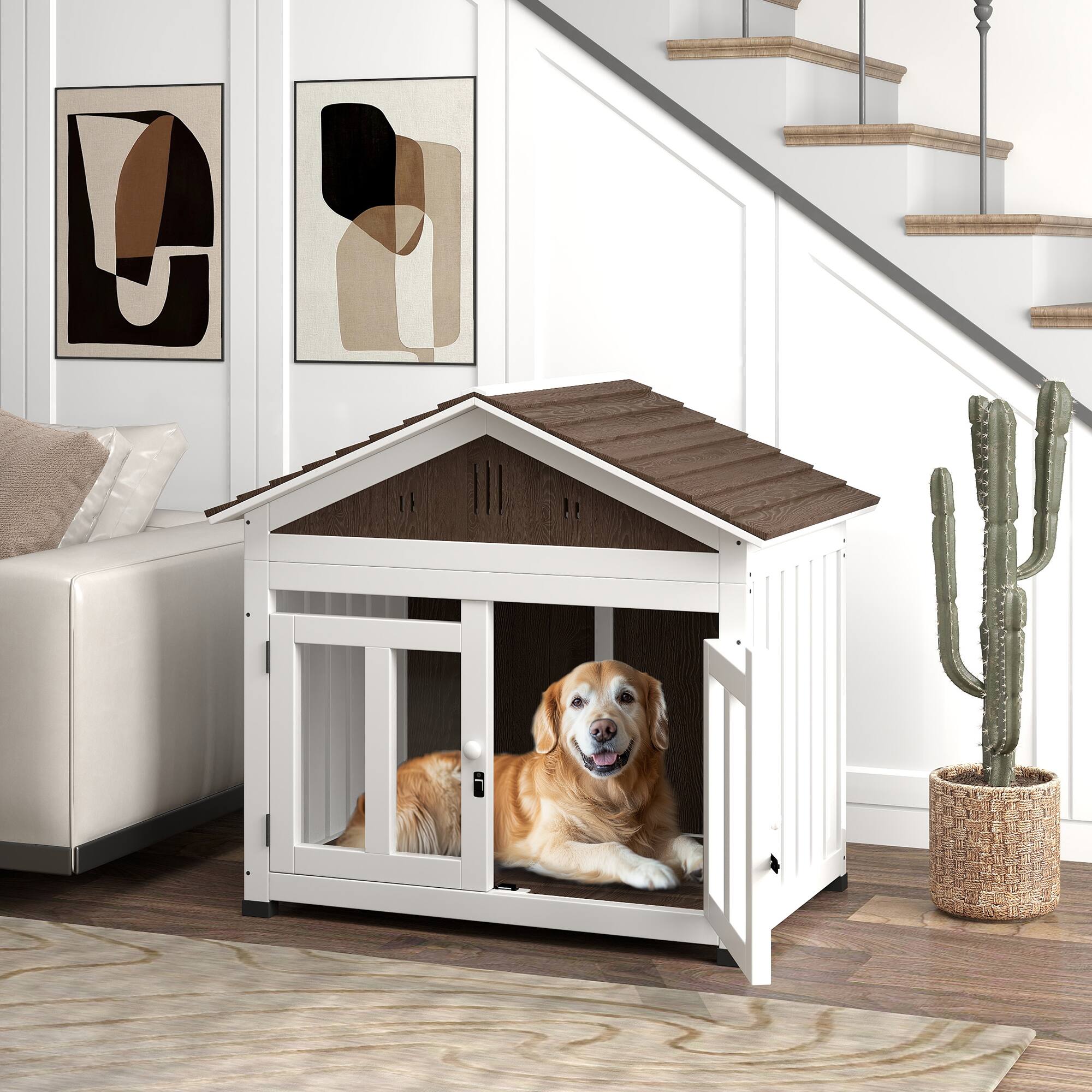Angle. Pawhut - 40"L Dog House Outdoor Indoor, Wooden, Air Vents, Elevated Removable Floor, Magnetic Doors, Foot Covers.