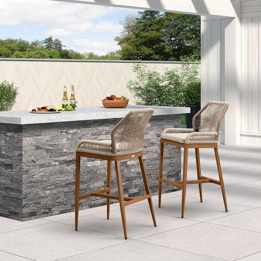 Front. PURPLE LEAF - Outdoor Bar Stool Set of 2, Wicker Rattan Bar stools with Back Aluminum Outside Garden Patio Bar Chairs - Teak-twill-Counter Height.