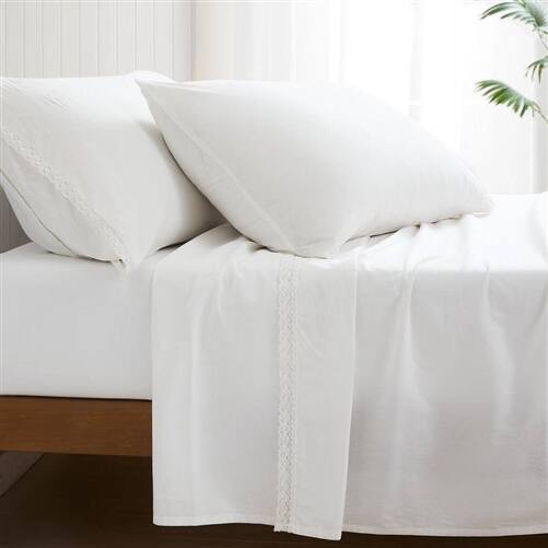 Angle. Hivvago - King Size 4 Piece 100-Percent Cotton Sheet Set in White with Lace Trim - White.