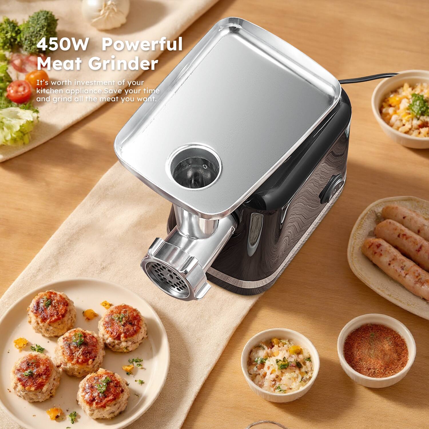450W Powerful Meat Grinder

It's worth investment of your kitchen appliance. Save your time and grind all the meat you want.