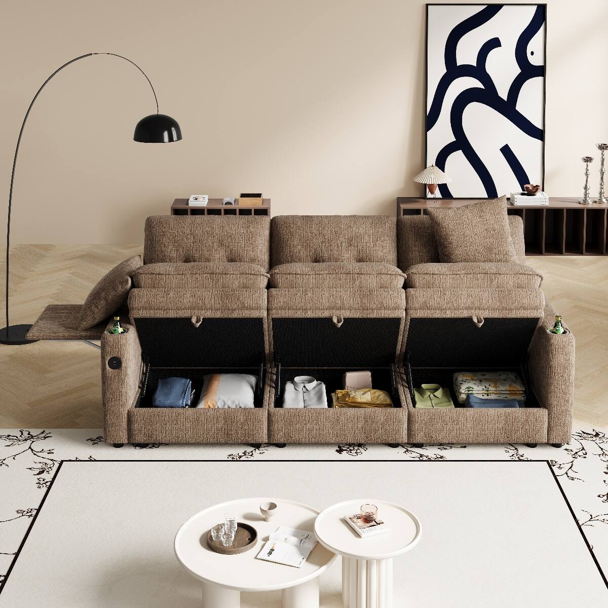 Back. Ropilly - Ropilly 89 Inch 3 Seater Sofa, Chenille Cloud Sofa with Storage Sofa with USB Ports, Coffee - Coffee.
