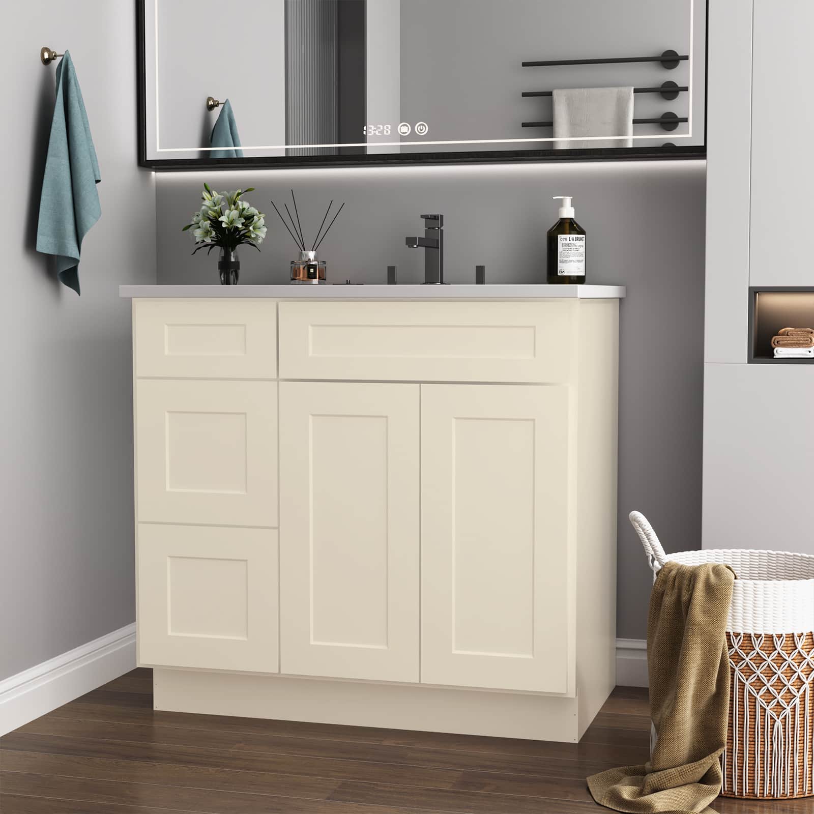 36x21x35 Inch Antique Plywood Ready to Assemble Floor Vanity Sink Base Kitchen Cabinet Left Door