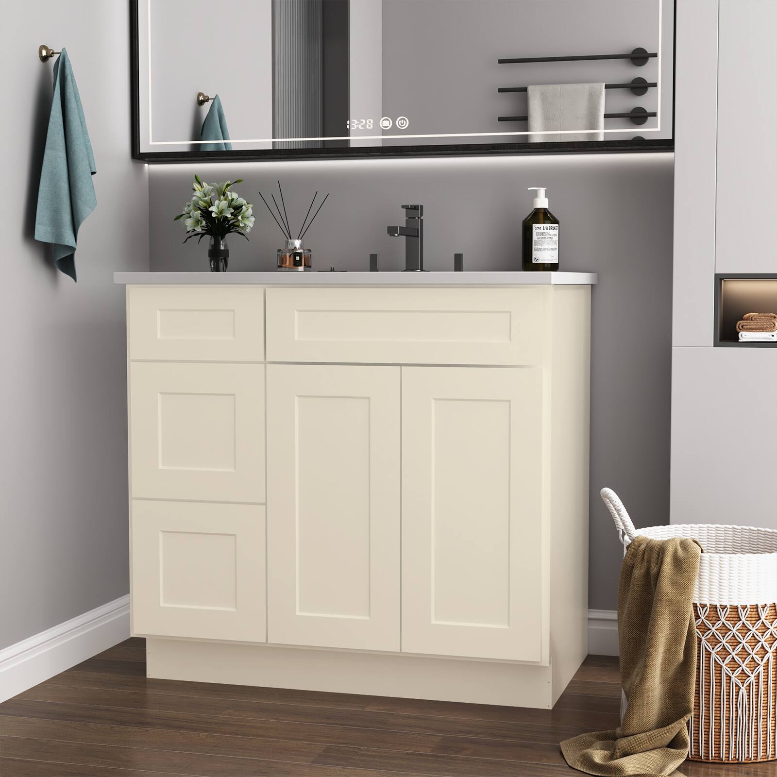 36x21x35 Inch Antique Plywood Ready to Assemble Floor Vanity Sink Base Kitchen Cabinet Left Door