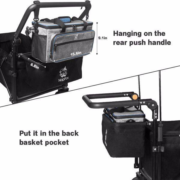 6.8in 15.6in NapFox Hanging on the 9.1in rear push handle Put it in the back basket pocket
