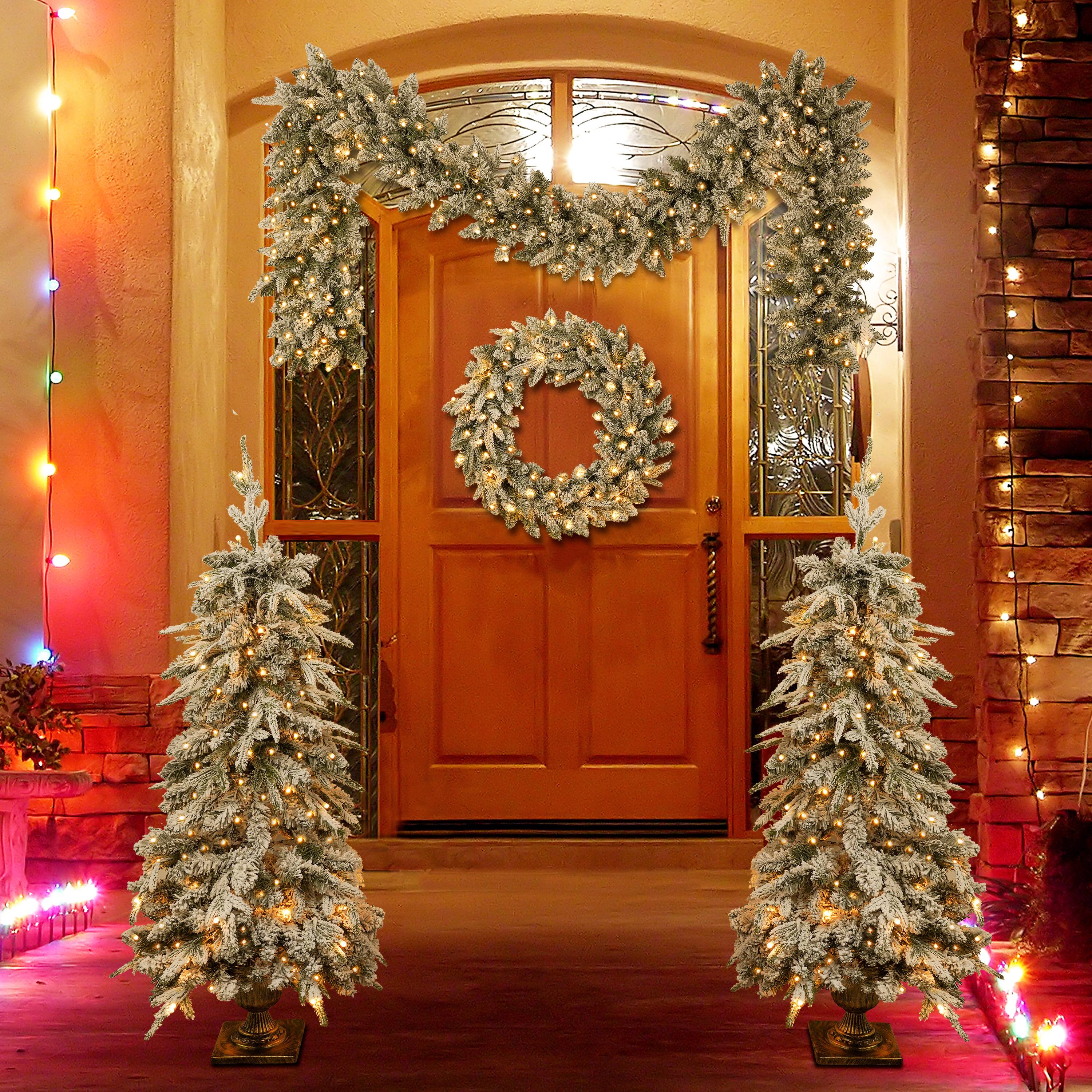 Front. Jandcase - Pre-lit Christmas Artificial Tree 4-Piece Set, Garland, Wreath and Set of 2 Entrance Trees, X-mas with LED Lights, PVC - Green.