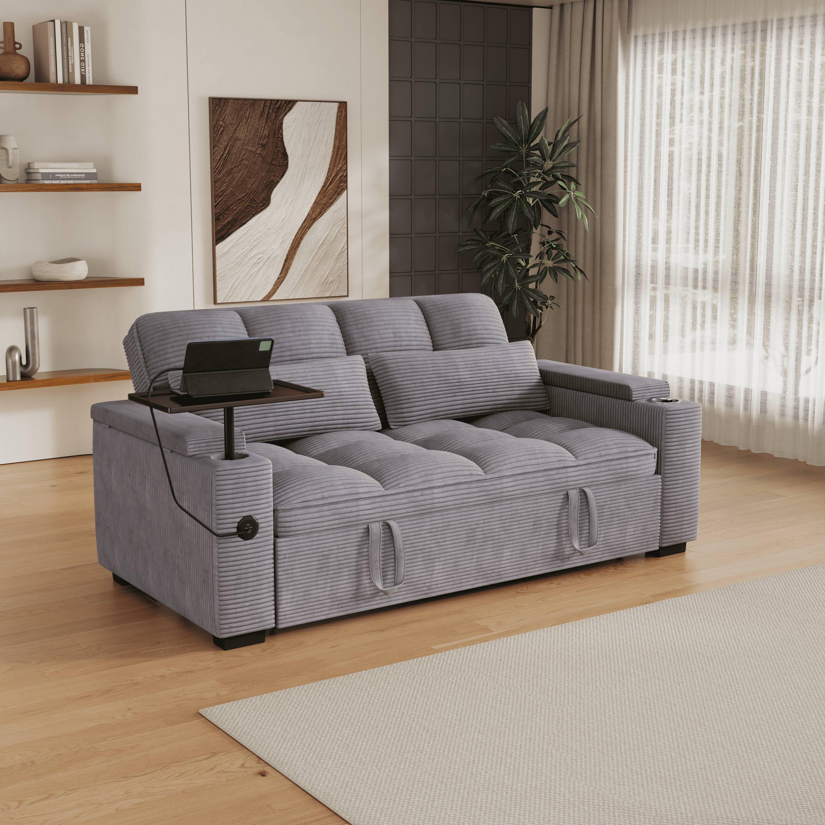 Left. Anysun - 65" 3-in-1 Corduroy Convertible Sofa Bed - Pullout Design with 360° Swivel Table, Easy Assembly for Living Room - Gray.