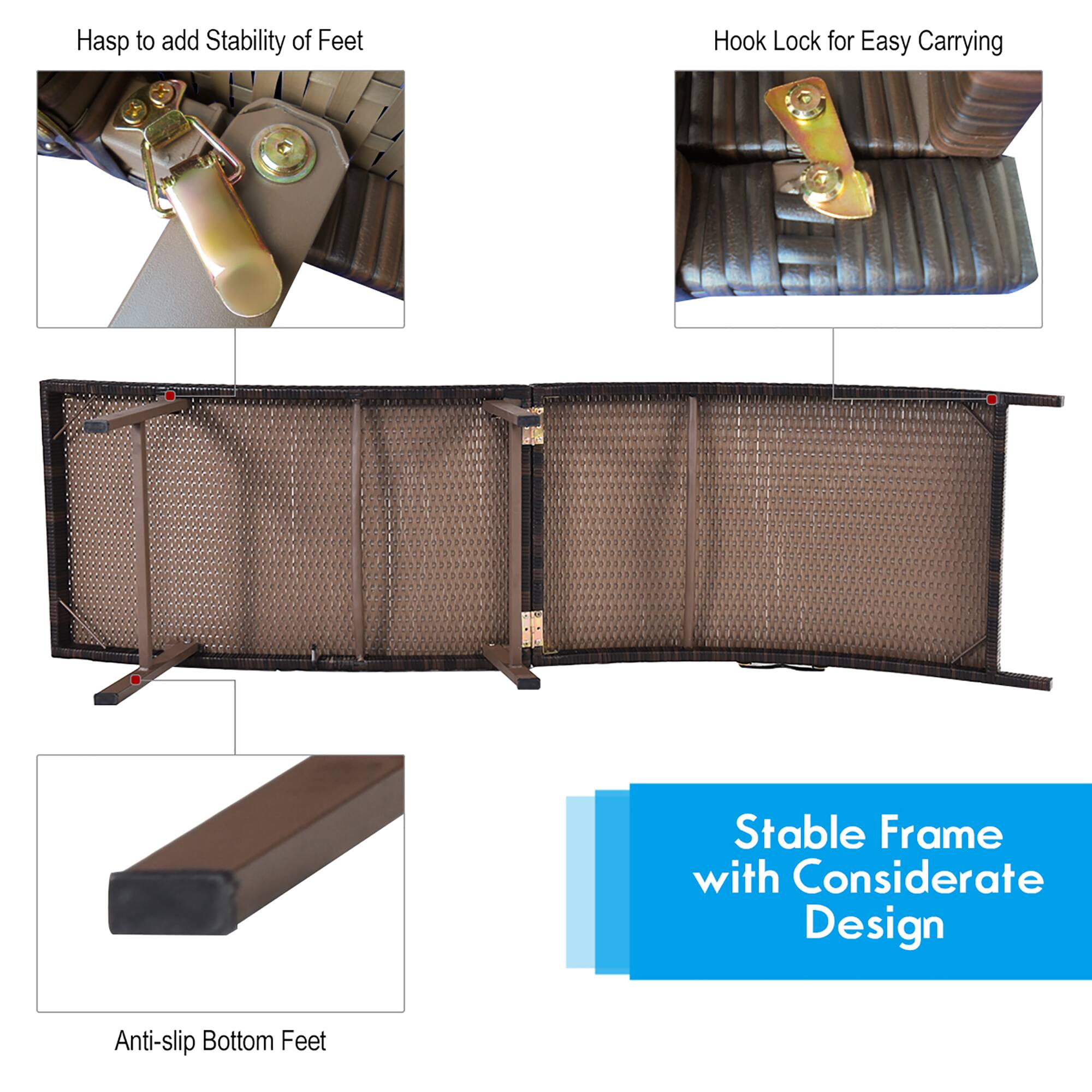 The text on the image is grouped and corrected as follows:
Hasp to add Stability of Feet Hook Lock for Easy Carrying Stable Frame with Considerate Design Anti-slip Bottom Feet