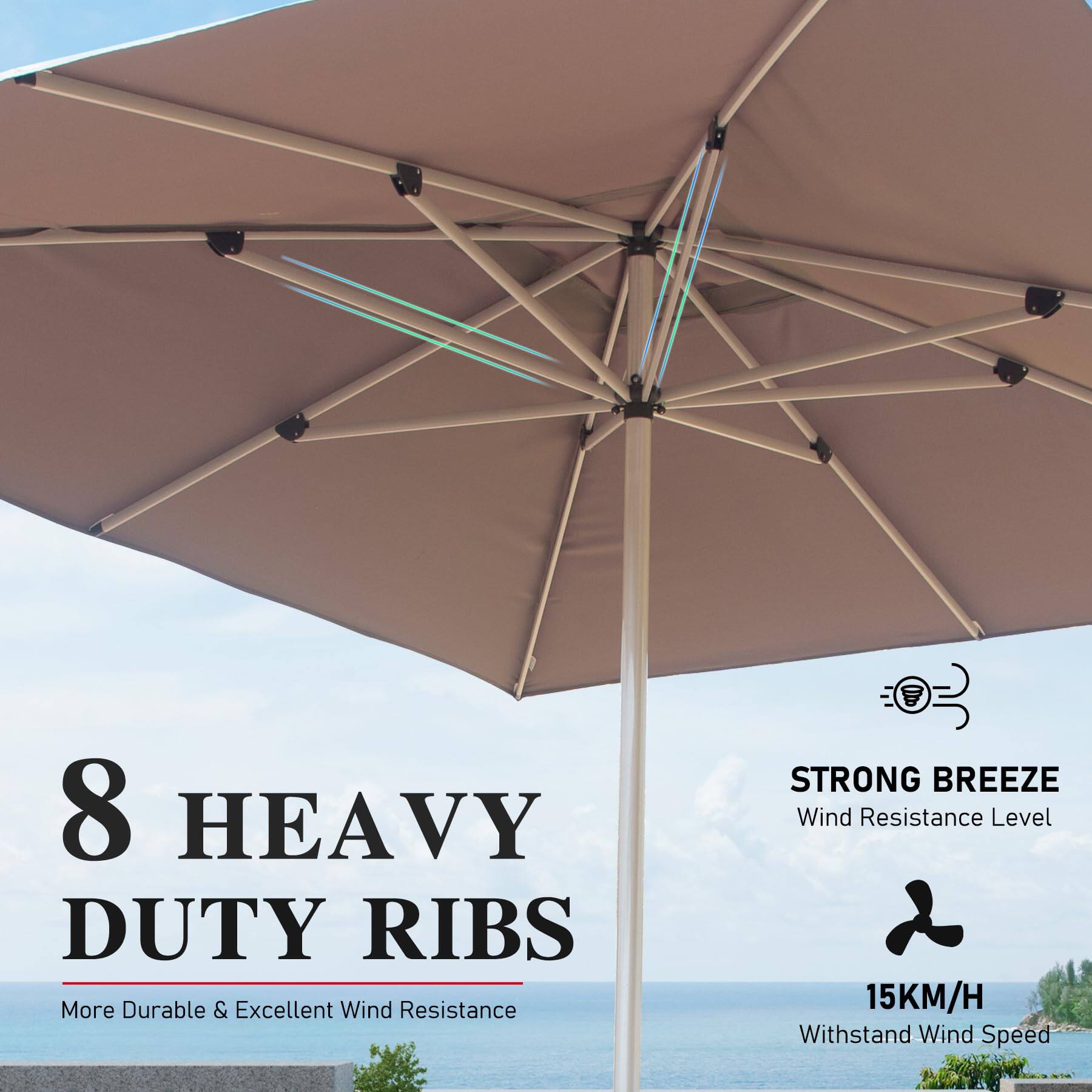8 HEAVY DUTY RIBS  
More Durable & Excellent Wind Resistance  

STRONG BREEZE  
Wind Resistance Level  

15KM/H  
Withstand Wind Speed